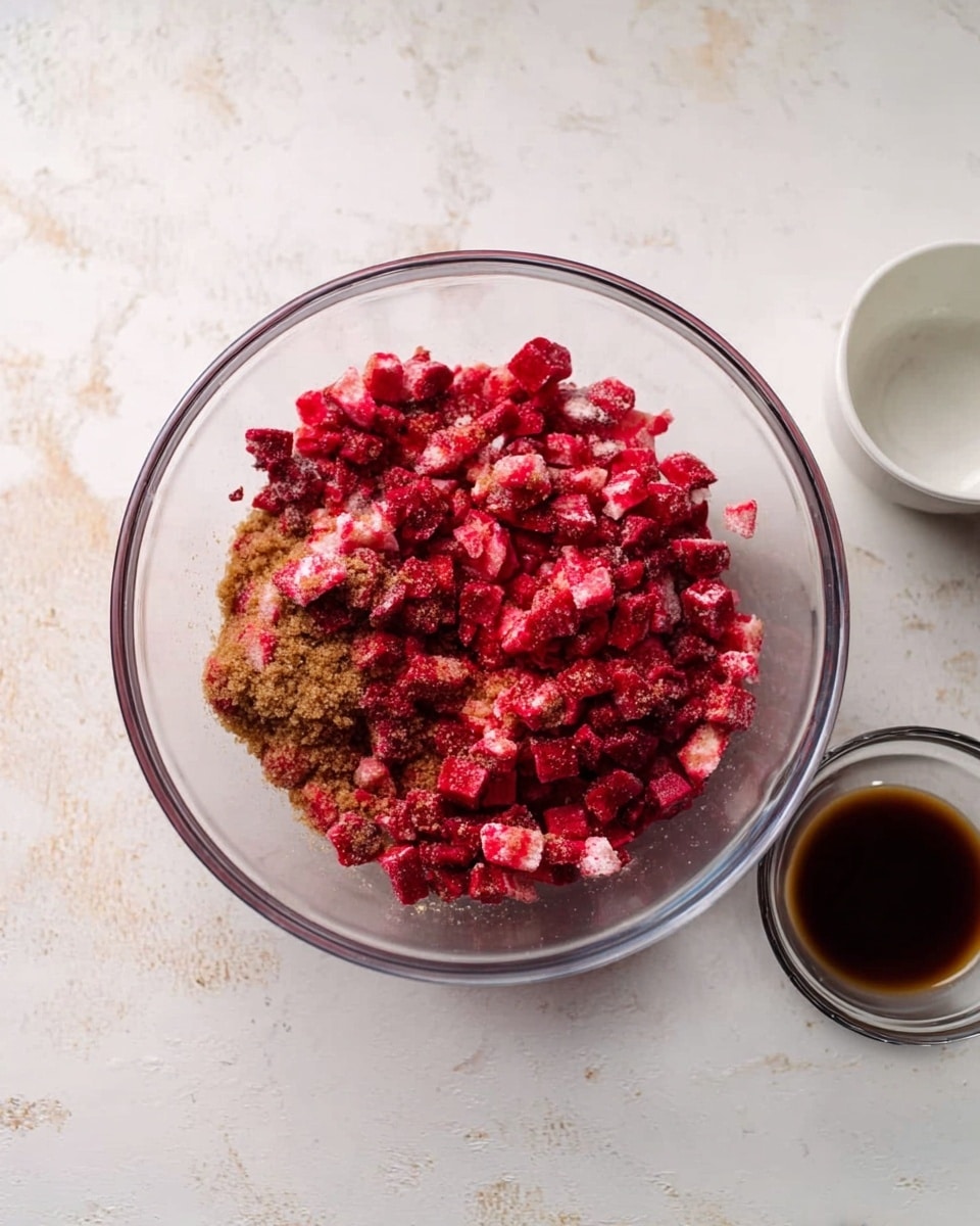 A clear glass bowl sits on a white marbled texture surface, filled with a mix of small, evenly chopped bright red pieces and a layer of light brown granulated sugar. The red pieces have a slightly frosted look, suggesting they are frozen, and they cover the sugar mostly at the top. To the right of the bowl, a small clear glass bowl contains a dark brown liquid. Photo taken with an iphone --ar 4:5 --v 7