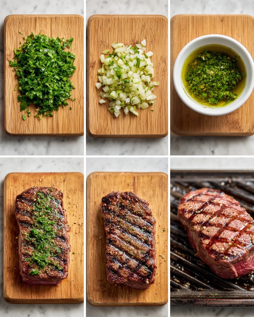 This image shows six parts in a grid, each with different stages of preparing a seasoned steak. The first part has two piles of finely chopped green herbs on a light wooden board, side by side. The second part shows finely chopped garlic on the same wooden board with a light brown tone. The third part features a small white bowl filled with a green herb sauce mixed with oil, sitting on the wooden surface. The fourth part has a raw steak laid flat on the wooden board, covered with black pepper and seasoning. The fifth part shows the steak on a grill with clear dark grill marks and a reddish-brown cooked surface. The sixth part shows the cooked steak resting on the wooden board, with a darker, slightly charred texture. The background is a white marbled texture. Photo taken with an iphone --ar 4:5 --v 7