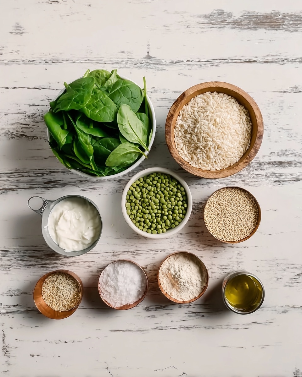 The image shows different cooking ingredients in small white bowls and containers placed on a white marbled surface. At the top left, there is a bowl filled with fresh green spinach leaves. Next to it, on the right, a wooden bowl holds white grains that look like rice or another grain. Below these bowls, there’s a silver measuring cup filled with thick white yogurt on the left and another silver cup with green split peas in the center. To the right, a white bowl is filled with small pale beige grains, likely quinoa or another tiny seed. Below these are three small copper bowls; one with coarse white salt, another one with finer white powder like flour or salt, and the last one is filled with light beige seeds. At the very bottom right is a small silver container with olive oil. The overall scene is neat with a clean white marbled background. photo taken with an iphone --ar 4:5 --v 7