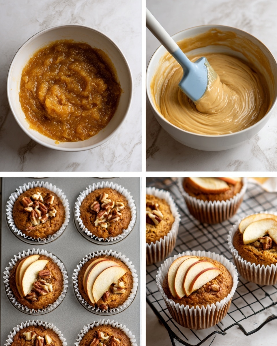 The image shows four steps of making muffins. In the first step, a white bowl contains a liquid batter with a chunky texture, brownish-orange in color. The second step shows the batter thickened to a creamy, light brown mix being stirred with a blue spatula inside the same white bowl. In the third step, a muffin tray with white paper liners holds the batter, now topped with small pieces of nuts and thin slices of apple placed upright on the batter surface. The fourth step shows the baked muffins cooling on a metal rack; the muffins are golden brown with visible cracks, nut pieces, and baked apple slices on top. The background is a white marbled texture. photo taken with an iphone --ar 4:5 --v 7
