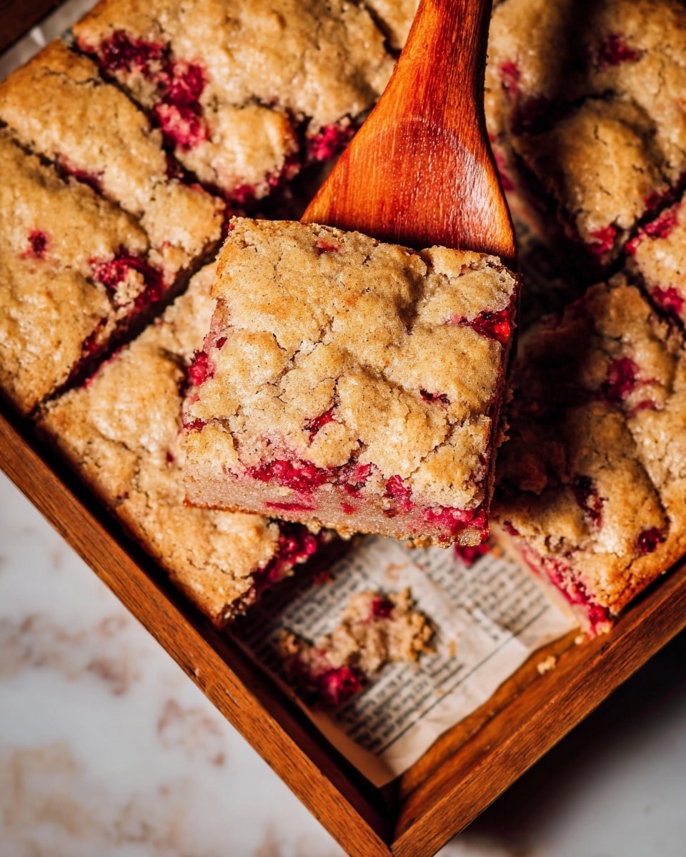 A wooden spatula lifts a square piece of berry cake from a tray lined with newspaper, showing a close-up of the top layer with a cracked golden-brown crust mixed with red berry spots. The cake is cut into equal squares, revealing a soft, moist inside with visible chunks of red berries throughout the light golden batter. The tray is placed on a white marbled surface. photo taken with an iphone --ar 4:5 --v 7