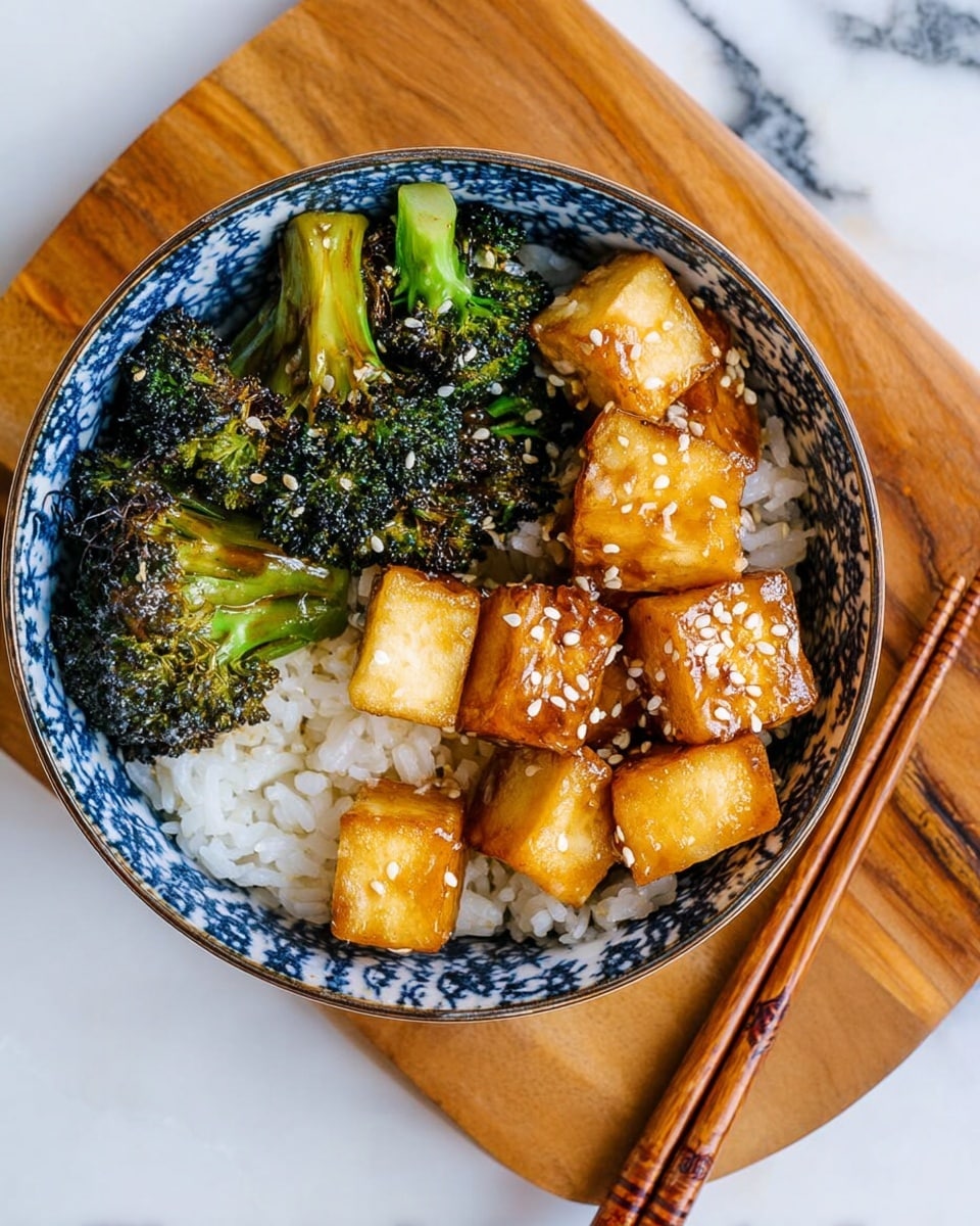 A bowl with three layers: the bottom layer is white rice with a shiny soft texture, the middle layer shows dark green broccoli with a slightly charred look on top, and the top layer has golden brown cubes covered in a shiny sauce, sprinkled with white sesame seeds. The bowl is patterned blue and white, placed on a wooden board with smooth brown wooden chopsticks resting nearby, all set on a white marbled surface photo taken with an iphone --ar 4:5 --v 7