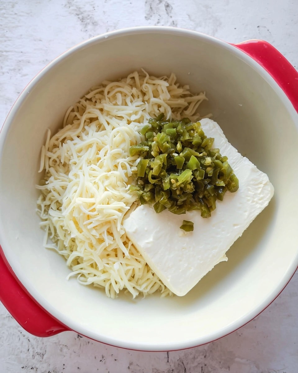 A white bowl with a red handle contains three separate layers of ingredients. The first layer is a block of smooth white cream cheese placed at the bottom right. On top of this block are finely chopped green jalapeño peppers forming a small mound. The left side of the bowl is filled with a pile of shredded white cheese with a soft and slightly curly texture. The bowl sits on a white marbled surface. photo taken with an iphone --ar 4:5 --v 7