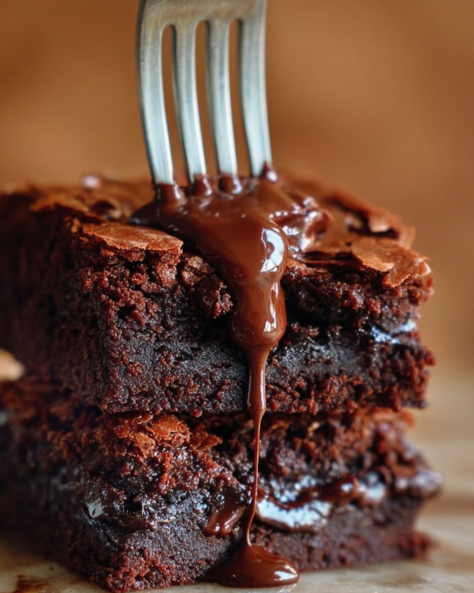 A close-up image of a two-layer dark chocolate brownie with a shiny, cracked top layer. The brownies have a moist and dense texture with gooey chocolate inside. A silver fork is piercing into the top layer, with glossy chocolate sauce dripping down over the layers. The background is a soft warm brown color, and the surface underneath is a white marbled texture. photo taken with an iphone --ar 4:5 --v 7