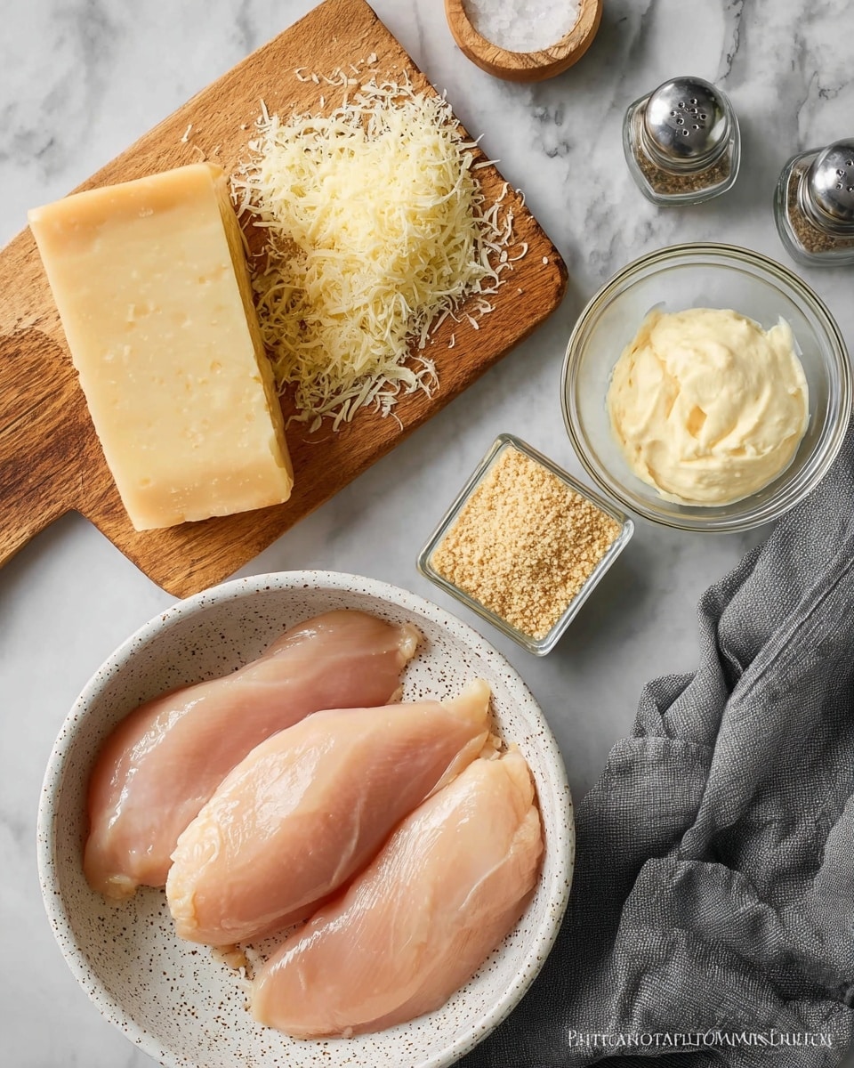 The image shows a close-up view of three raw chicken breasts placed in a white speckled bowl on a white marbled surface. Above the bowl is a wooden cutting board holding a large block of pale yellow cheese and some grated cheese of the same color next to it. To the right, there is a small glass bowl filled with creamy mayonnaise, a small square container with light brown breadcrumbs, and two small glass shakers containing salt and pepper. A gray cloth is draped to the right side of the board. The overall setting of the ingredients is neat and arranged for preparation photo taken with an iphone --ar 4:5 --v 7