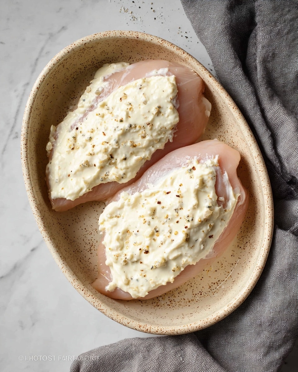 Two raw pink chicken fillets lie side by side inside a speckled beige oval dish. Each fillet is topped with a thick, creamy white mixture that has visible small black pepper flakes mixed in. The dish is placed on a white marbled surface next to a gray cloth napkin. The lighting is soft, showing texture on both the creamy topping and the chicken fillets below. photo taken with an iphone --ar 4:5 --v 7
