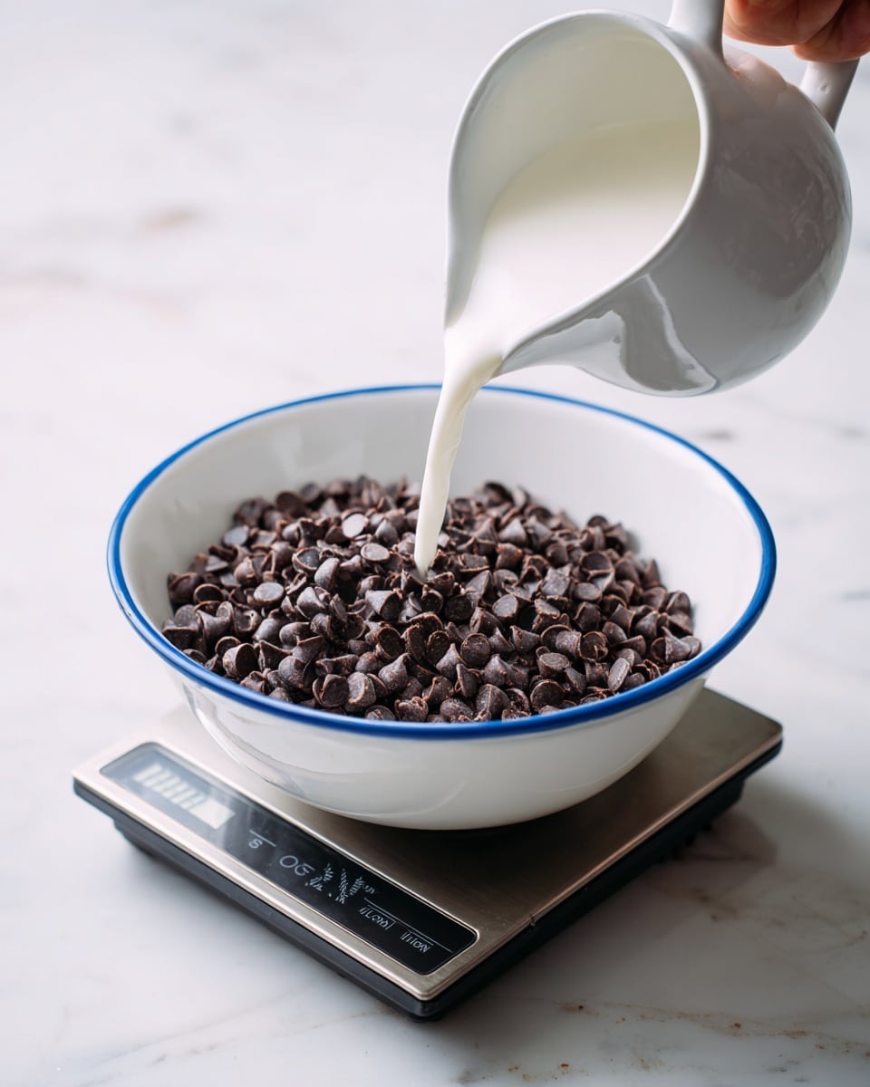 A woman's hand is pouring white milk into a white bowl with a blue rim filled with dark brown chocolate chips. The bowl is placed on a digital scale on a white marbled surface. The chocolate chips cover the bottom of the bowl, and the milk flows smoothly from the milk container over the chips. Photo taken with an iphone --ar 4:5 --v 7