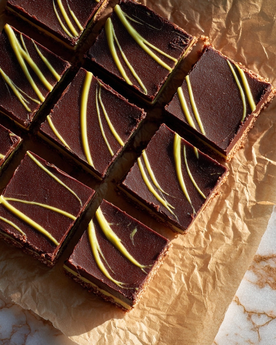 The image shows a rectangular dessert with two visible layers placed on a piece of printed parchment paper set on a white marbled surface. The bottom layer is thick and crumbly with a light brown color, forming a crust with slightly rough edges that rise up on the sides. The top layer is smooth and dark chocolate brown, covering the entire surface evenly. It is decorated with thin, swirled lines of yellowish-green color that create a simple pattern across the squares. The dessert is cut into nine neat squares arranged in three rows of three, with straight edges and sharp corners. The lighting is warm, casting soft shadows that highlight the texture of both layers. photo taken with an iphone --ar 4:5 --v 7