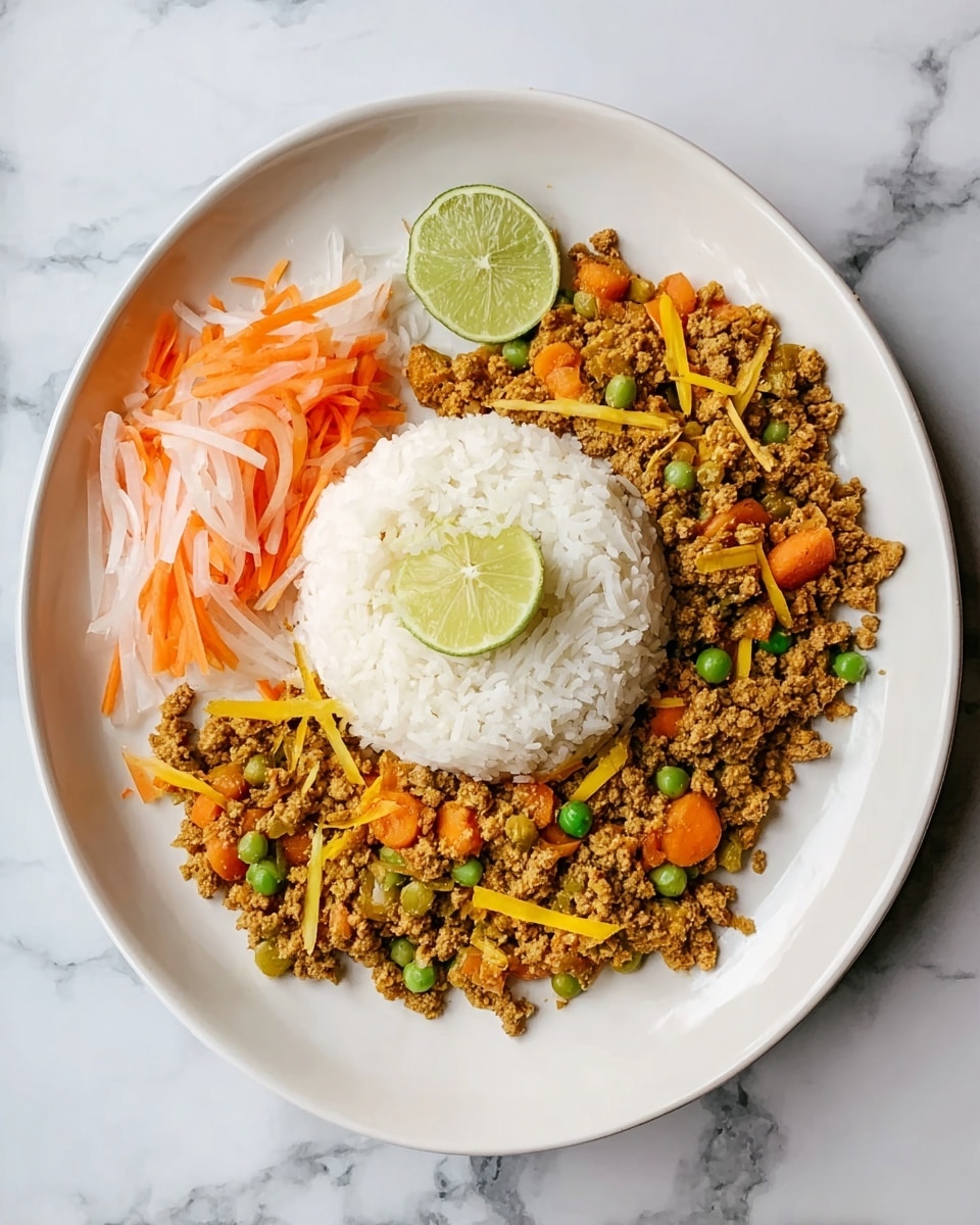 A white plate with three main parts: on the left bottom is a small pile of mixed thin-sliced vegetables in light orange, white, red, and green colors, above it in the middle sits a mound of white fluffy rice topped with a lime wedge showing green inside, and on the right filling the rest of the plate is a yellow-brown ground meat mix with small carrot pieces, green peas, and thin yellow strips scattered on top. The plate is on a white marbled surface. Photo taken with an iphone --ar 4:5 --v 7