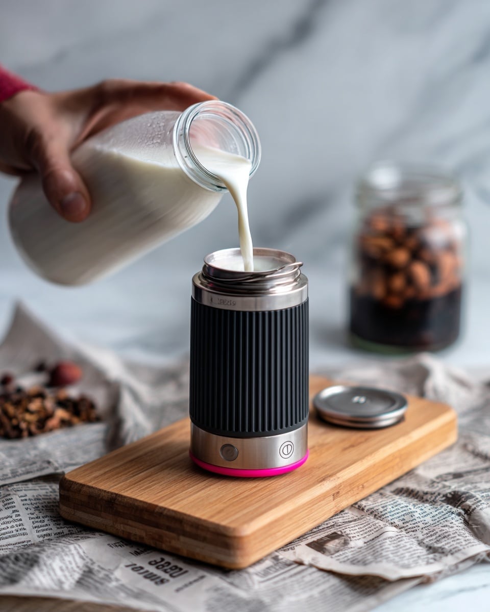 A close-up image shows a white plastic bottle with a pink rim pouring milk into a black, ribbed milk frother placed at the center of a wooden cutting board. The frother has a shiny silver top ring and a button near the base. The wooden board rests on crumpled sheets of newspaper with various texts visible, and the background is a white marbled surface. In the blurred background, a glass jar with dark liquid and some nuts or spices inside it can be seen. A woman's hand is holding the milk bottle. photo taken with an iphone --ar 4:5 --v 7