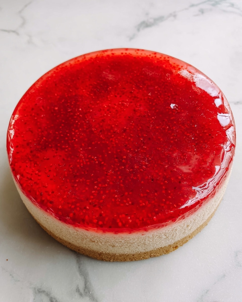 The image shows a round cake with two clear layers. The bottom layer is a light brown cake base with a smooth texture. On top of it is a thick, bright red jelly layer that has a shiny and slightly uneven surface with visible small dots, spread evenly over the entire top. The cake sits on a white marbled surface. photo taken with an iphone --ar 4:5 --v 7