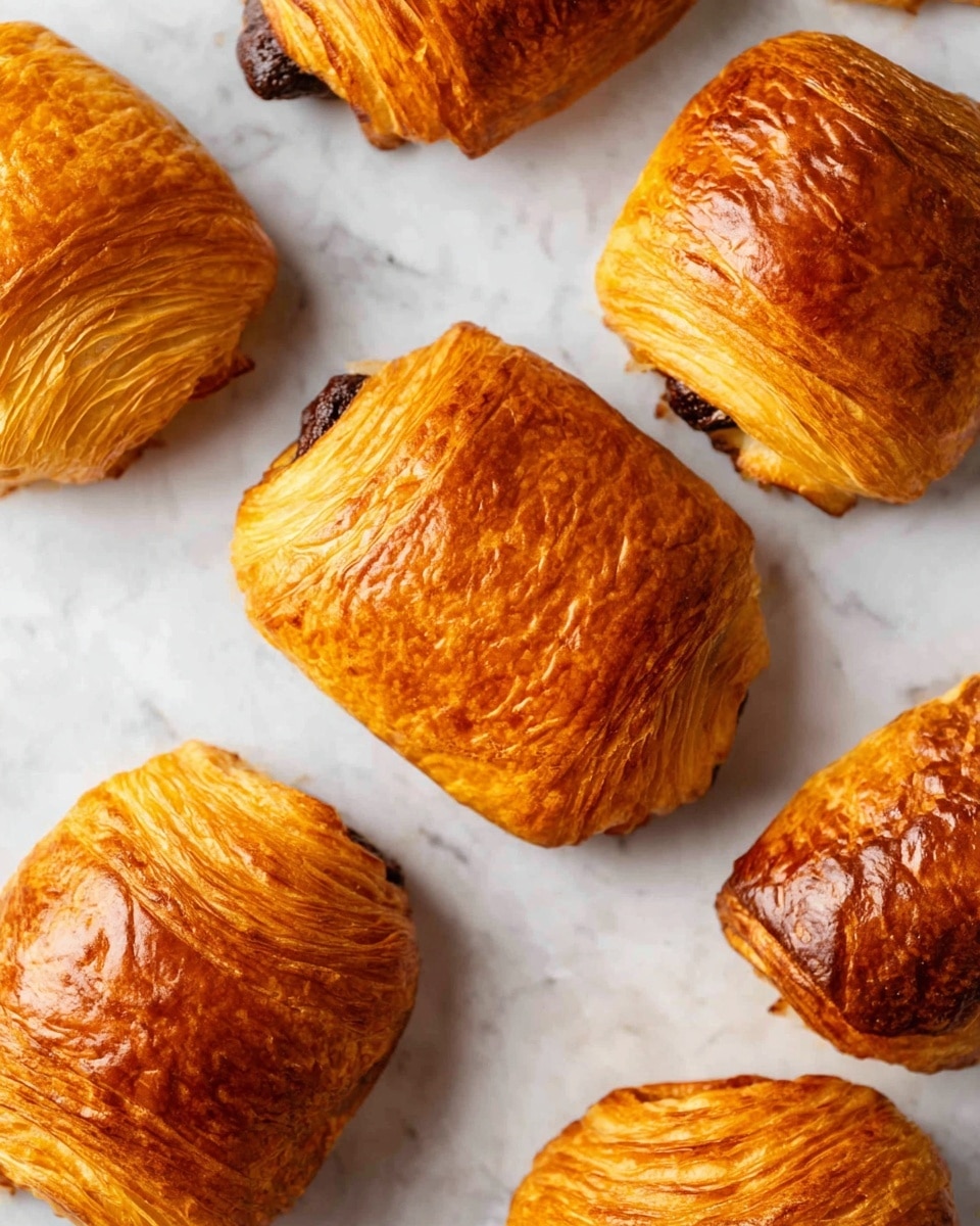 This image shows seven golden brown pastries arranged on a white marbled surface. Each pastry has a shiny, crisp outer layer with many fine, flaky layers visible on the sides. They are mostly rectangular but have soft, rounded edges. Some pastries show a dark, chocolate-like filling peeking out slightly from one end. The textures range from smooth and shiny on the top to rougher, flaky edges. The pastries look warm and fresh, with a rich, buttery color and a slight shine on their tops. Photo taken with an iphone --ar 4:5 --v 7