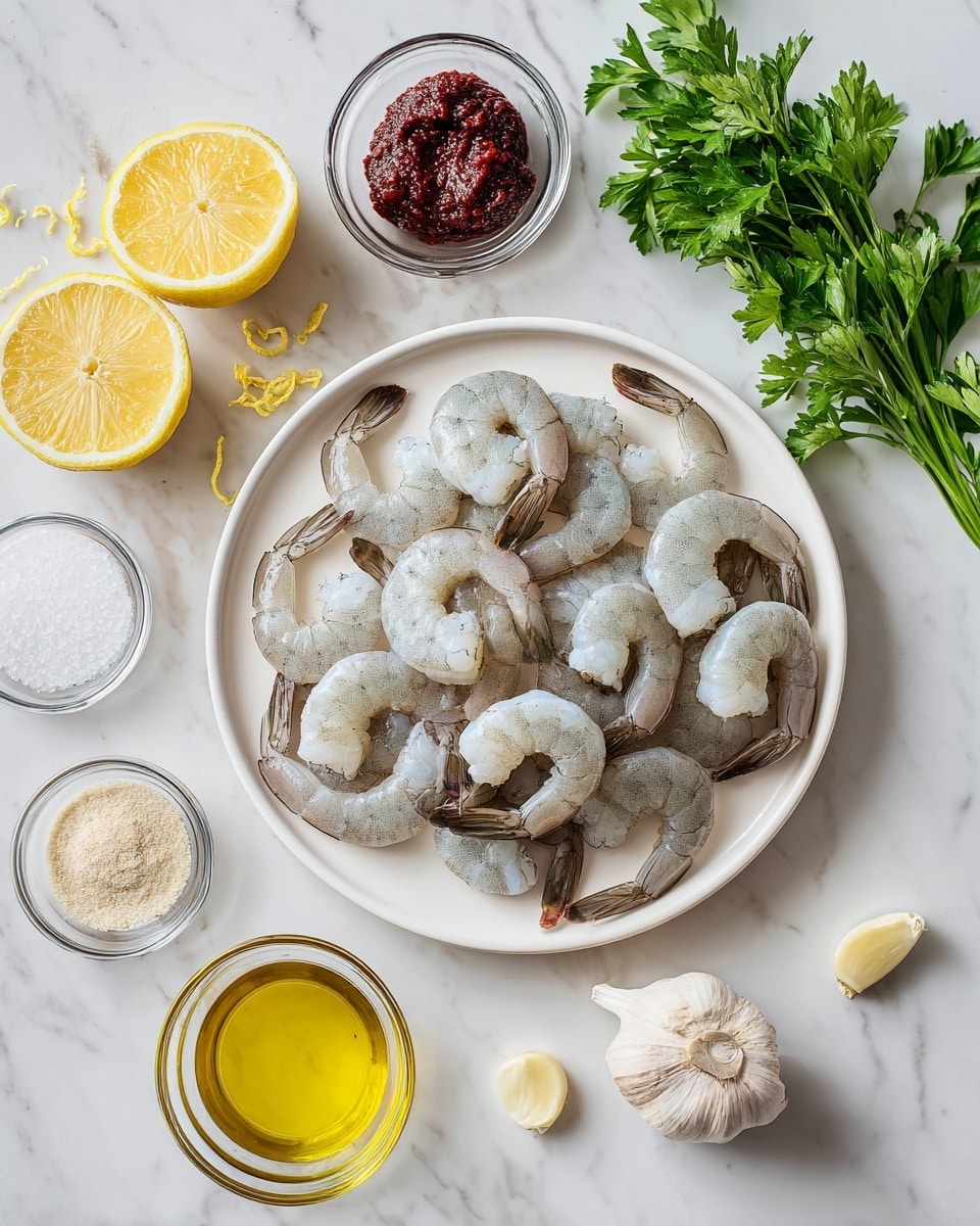 The image shows a white plate full of raw shrimp with tails on, arranged closely together. Around the plate, there are small clear glass bowls and ingredients placed on a white marbled surface. At the top left, a lemon half showing its yellow inside sits with some lemon zest around it. Near the lemon, there is a small bowl of dark red harissa paste with a textured surface. To the right top, there is a bunch of fresh green parsley leaves, and near it, three peeled garlic cloves lie on the marble. Below the parsley and garlic cloves, a small glass bowl holds light beige garlic powder. To the bottom left side, another small bowl contains golden yellow avocado oil. Near the bottom left edge of the plate, a small bowl with white sea salt is set on the surface. The setting is clean and bright with all ingredients spaced around the plate clearly visible photo taken with an iphone --ar 4:5 --v 7