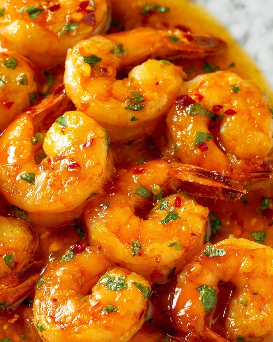 This close-up shows cooked shrimp covered in a shiny, orange sauce with a smooth texture. Each shrimp is slightly curled, with visible white and orange color on the body and tails. Small green herb pieces are scattered over the shrimp, adding contrast and freshness. The shrimp sit in a pool of sauce that has a glistening, oily surface with small red chili pieces mixed in, giving a spicy look. The background is a white marbled texture. photo taken with an iphone --ar 4:5 --v 7