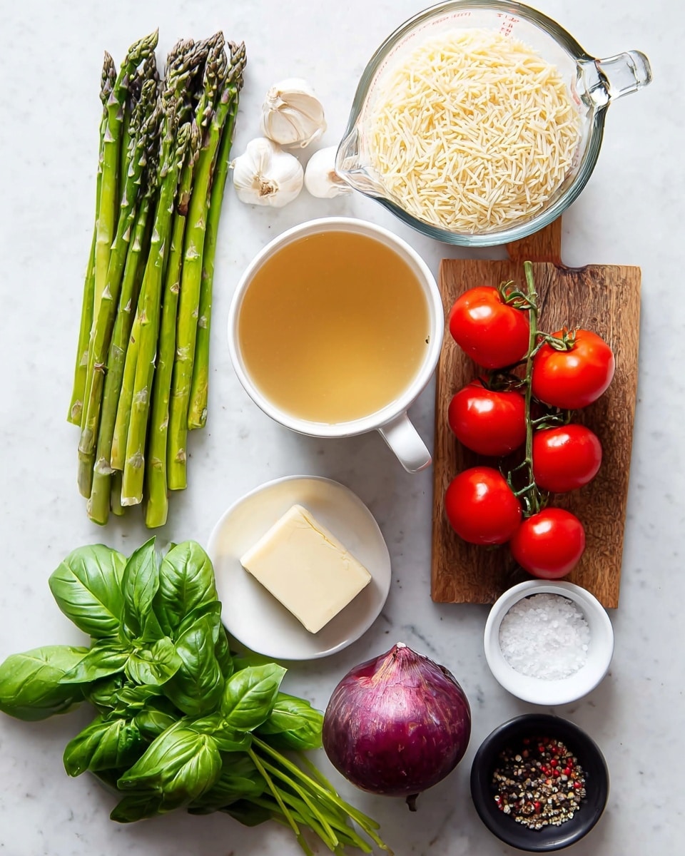 The image shows fresh cooking ingredients laid out on a white marbled surface. There are bright green asparagus spears and a bunch of red cherry tomatoes on the vine on a small wooden board with some white garlic cloves next to them. A clear glass measuring cup holds light golden broth, and a white mug is filled with uncooked orzo pasta. Below them is a small white saucer with a square piece of butter, next to a larger white block of cheese. A bunch of green basil leaves and a purple onion with green stalks are arranged at the bottom. To the right, there is a small wooden board holding a white ceramic container with salt and a small black bowl with mixed peppercorns. Photo taken with an iphone --ar 4:5 --v 7