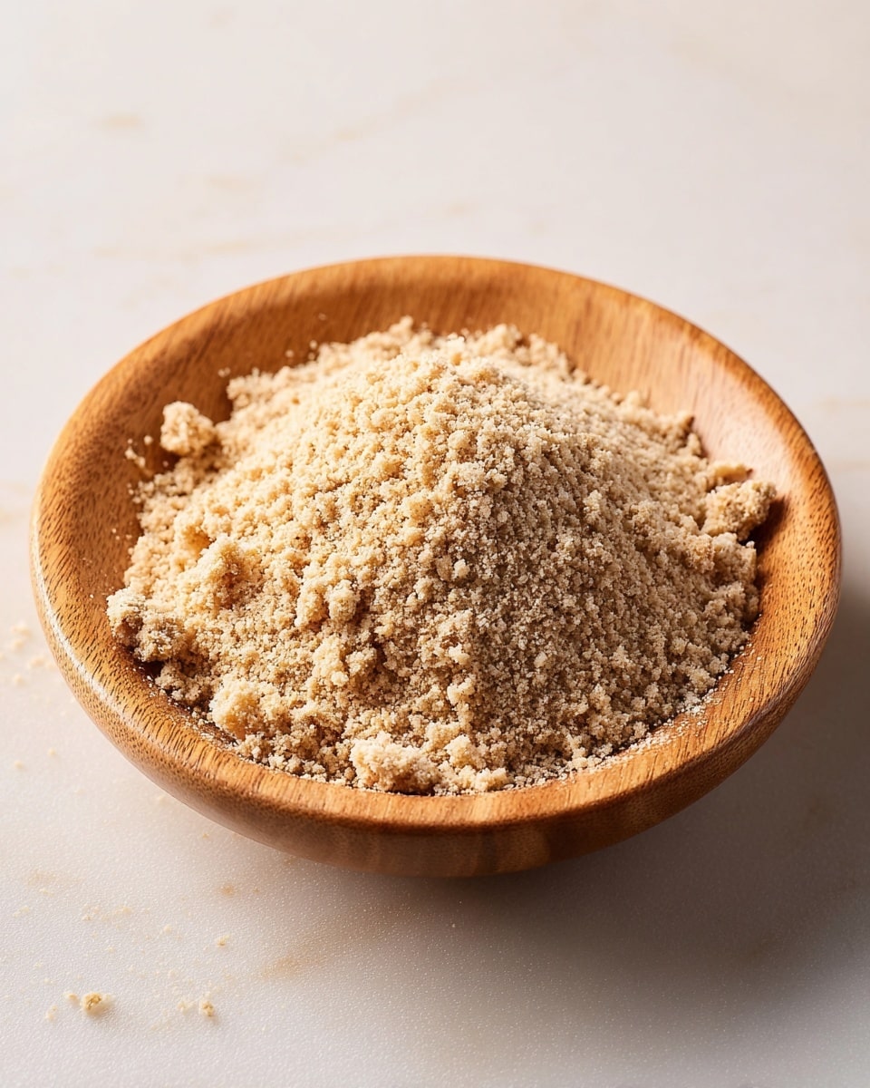 A wooden bowl with a light brown tone holds a loose pile of light beige crumbs with a slightly coarse texture, some small clumps are visible among the fine granules. The bowl sits on a white marbled surface with soft lighting that highlights the natural wood grain and the crumbly texture of the contents. The background is simple and free of distractions, focusing attention on the bowl and its crumbly filling. photo taken with an iphone --ar 4:5 --v 7