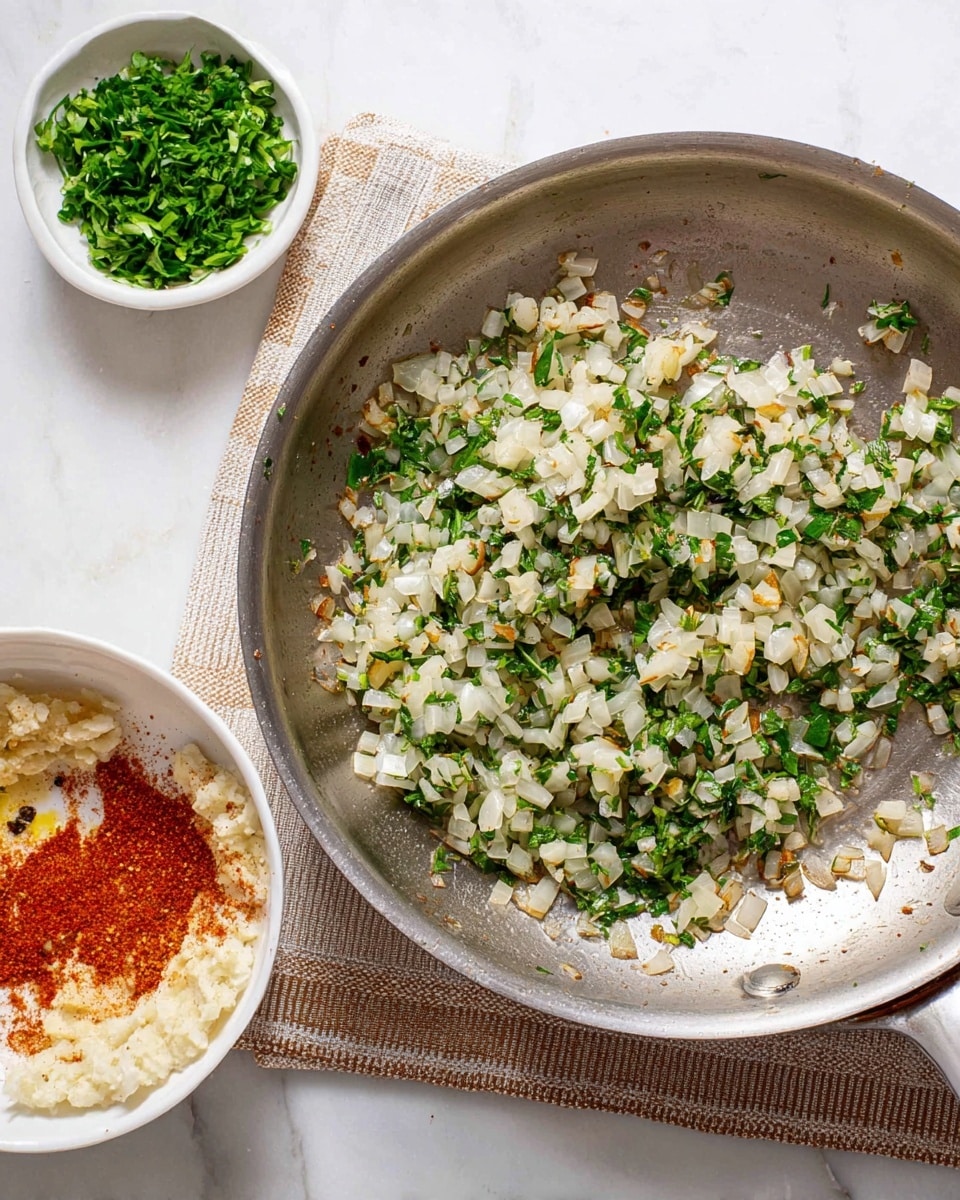 A silver pan filled with small pieces of cooked white onion mixed with finely chopped green herbs, showing a light oily texture and bits of browned edges. To the right side of the pan, there is a white bowl with bright green chopped herbs and below it, a white bowl filled with a creamy mixture topped with a pile of red spice powder. The pan sits on a beige and brown striped cloth on a white marbled surface. Photo taken with an iphone --ar 4:5 --v 7