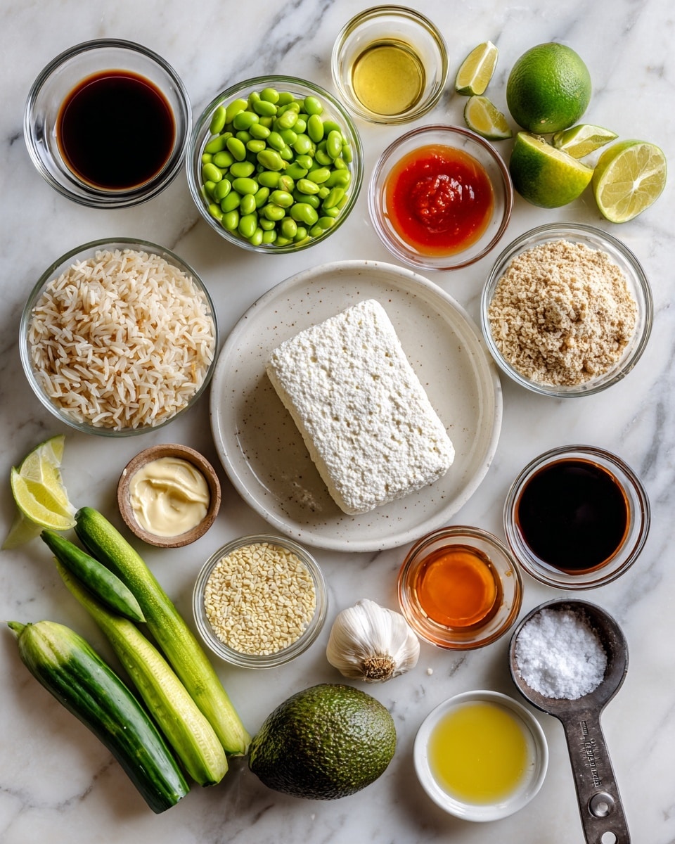 The image shows many ingredients on a white marbled surface, arranged in a neat layout. In the center, there is a round white plate with a block of firm tofu that looks white and slightly crumbly. Around it, there are small glass bowls holding bright green edamame beans, light brown cooked brown rice, creamy white mayo, light golden rice vinegar, dark brown soy sauce, amber maple syrup, reddish-orange sweet chili sauce, bright red sriracha sauce, light yellow oil, and white cornflour. There are fresh vegetables including a dark green avocado, several small green cucumbers, bright red radishes with green tops, a yellow-green lime cut in half, and a long green spring onion. Additional small bowls hold light-colored sesame seeds, light brown miso paste, and grated fresh yellow ginger. Raw white garlic cloves and a small pile of coarse white salt are also placed on the surface, along with a small black measuring spoon next to the miso paste. Everything is displayed clearly and evenly spaced. Photo taken with an iphone --ar 4:5 --v 7