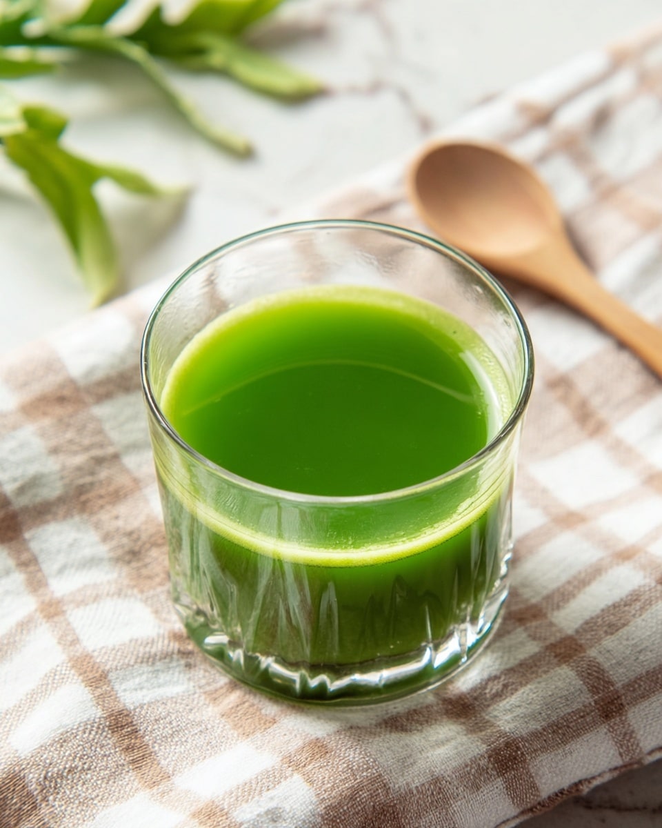 A clear glass cup filled with one layer of smooth, bright green juice sits on a white plaid cloth that rests on a white marbled surface; the juice has a vibrant, even color and no foam or bubbles on top; to the right of the glass is a wooden spoon with a polished texture, and to the left in the blurred background are green leafy plants adding a fresh touch; photo taken with an iphone --ar 4:5 --v 7