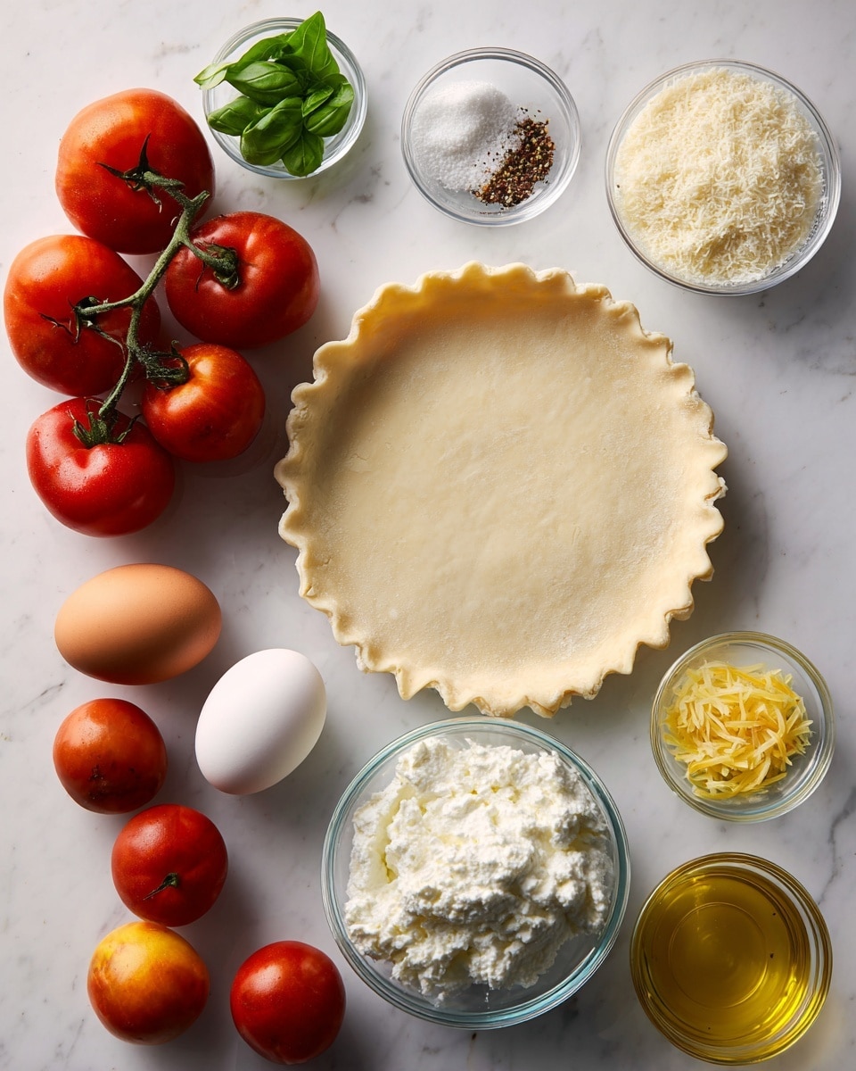 The image shows a flat round disk of savory pie dough at the top right on a white marbled background. Below and around it are clear glass bowls and loose ingredients: a small pile of green basil leaves in a bowl at the top left, a single clove of garlic above the dough, a bowl of white and black salt and pepper near the basil, a bowl with finely grated white pecorino cheese below the salt and pepper, a bowl with a brown egg beside the pecorino, and a bowl of white ricotta cheese below the egg. To the bottom left are a bunch of small red tomatoes still on the vine and two large tomatoes, one red and one orange. A small clear bowl of yellow lemon zest is placed near the lower right, and a small glass bowl of golden olive oil sits near the tomatoes. Everything is arranged neatly on a white marbled background. photo taken with an iphone --ar 4:5 --v 7