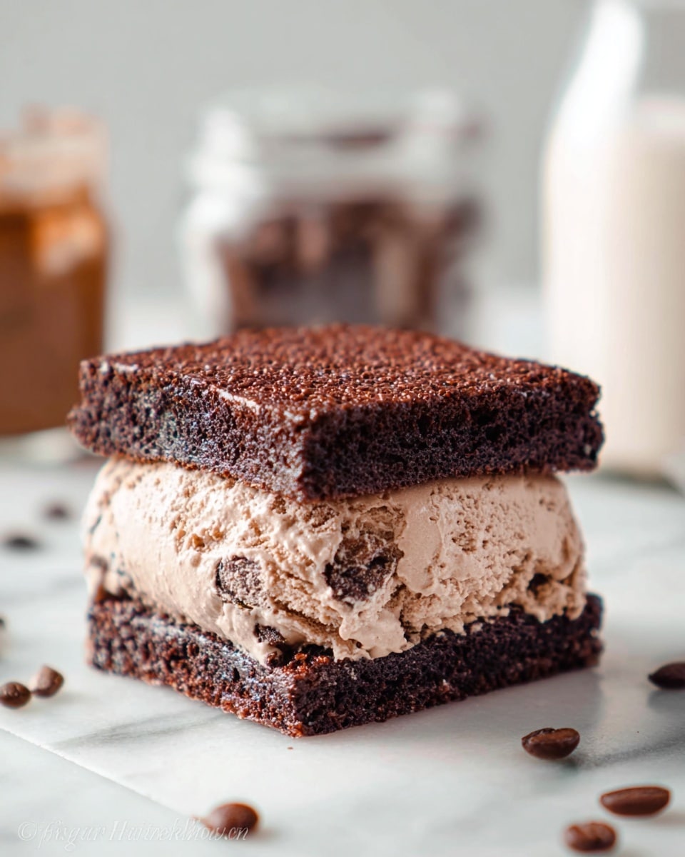 The image shows a two-layer chocolate brownie sandwich with a thick middle layer of light brown chocolate ice cream containing chocolate chunks. The brownies are dark brown with a slightly rough texture on top and a moist, dense look inside. The sandwich is placed on white marbled surface with a few coffee beans scattered nearby. In the background, there are blurred jars with light brown and dark contents, and a white blurred object, adding soft warm tones to the scene. Photo taken with an iphone --ar 4:5 --v 7