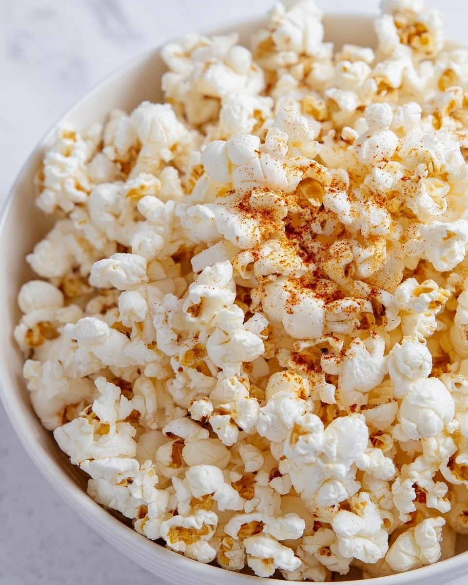 A close-up view of a white bowl filled with freshly popped popcorn. The popcorn is fluffy and white with some pieces showing a slight golden yellow tint. On top of the popcorn, there is a fine sprinkling of reddish-brown seasoning that adds color contrast. The texture of the popcorn is light and airy, with the seasoning evenly spread in the center. The background is a white marbled texture, creating a clean and bright setting. photo taken with an iphone --ar 4:5 --v 7
