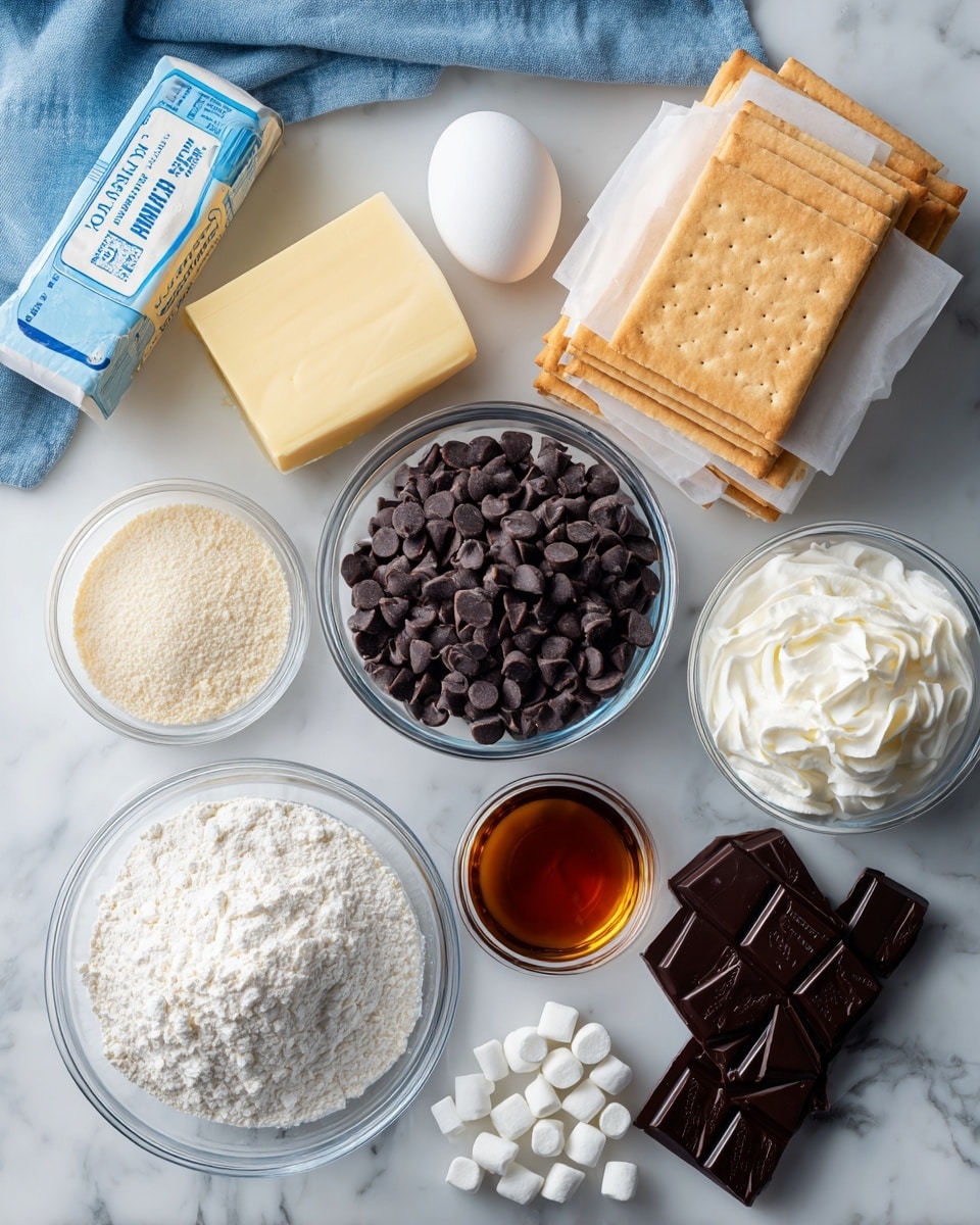 The image shows baking ingredients arranged on a white marbled surface. In the center, there is a clear glass bowl filled with dark brown chocolate chips with a smooth and glossy texture. Above it to the right, there is a stack of rectangular beige graham crackers in white wrapping paper. Near the top right corner, a small clear glass bowl holds white whipped cream with a soft texture. To the left of the graham crackers, there is a light yellow block of butter with blue and white packaging. Below the butter, two clear glass bowls contain light brown and white powdered ingredients, while another larger clear bowl to the left holds white flour with a powdery texture. A white egg rests on a folded blue cloth near the upper left. At the bottom center, there is a small clear glass bowl filled with dark amber vanilla extract, glossy and translucent, with several white marshmallows scattered near the lower right corner. Some chocolate bars wrapped in dark wrappers labeled