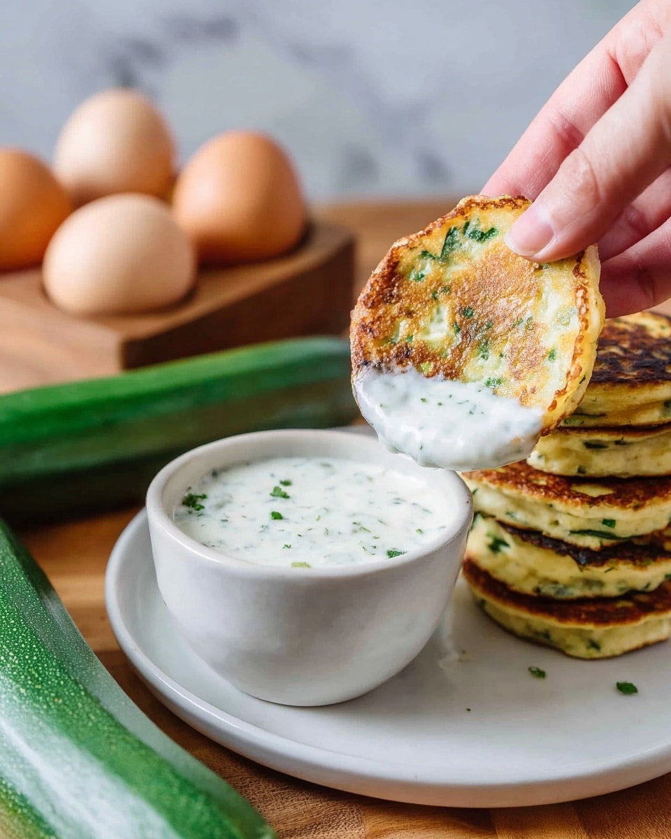 A woman's hand is dipping a round, golden-brown pancake with small green specks into a white bowl filled with a creamy white sauce flecked with green herbs. Next to it, on a white plate, is a small stack of similar pancakes, each showing a mix of light golden and green on their surfaces. In the background, there is a green zucchini and several light brown eggs placed on a wooden board over a white marbled surface. photo taken with an iphone --ar 4:5 --v 7