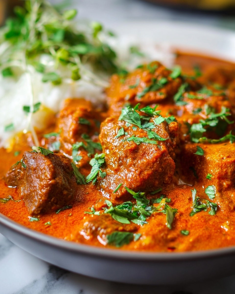 The image shows a close-up view of a rich curry dish with three main layers. The bottom layer is a smooth, orange-red sauce that looks thick and creamy. On top of this sauce, there are chunks of tender brown meat, also coated with the sauce. Scattered lightly on the surface are fresh green chopped herbs, adding a bright splash of color. In the background, there is a blurred portion of white rice with some sprouts or green garnish on top. The setting is on a white marbled surface. photo taken with an iphone --ar 4:5 --v 7