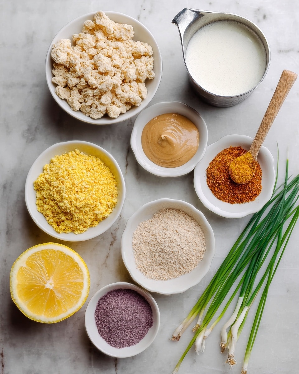 The image shows a top view of various cooking ingredients arranged neatly on a white marbled surface. There are seven white bowls: one filled with crumbled beige pieces, another with light yellow powder, a smaller bowl with smooth light brown paste, one with coarse orange spice mix, another containing fine beige powder, and a small bowl with purple powder holding a wooden spoon. Next to the bowls lies half a bright yellow lemon with visible texture inside, and a small bunch of green chive stalks. On the top right, a metal measuring cup holds a white foamy liquid. The photo taken with an iphone --ar 4:5 --v 7