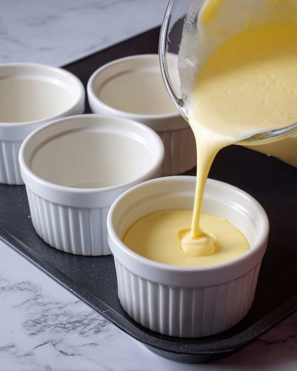 A clear container is pouring a smooth light yellow creamy mixture into one of four white ramekins placed on a black tray, with the surrounding surface showing a white marbled texture. The creamy mixture fills the ramekin from the top center, creating a small round pool. The ramekins are evenly spaced, with three empty ones visible and one being filled in the front right of the image. Photo taken with an iphone --ar 4:5 --v 7