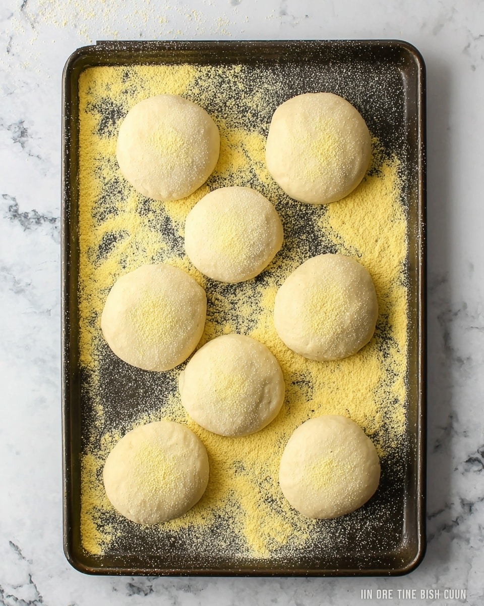 The image shows a dark metal baking tray with seven round dough balls evenly placed on it. The dough balls are light beige and smooth in texture, each sprinkled lightly with a fine yellow cornmeal dusting. The tray itself is scattered with cornmeal, creating a grainy yellow layer that contrasts with the dark surface beneath. The white marbled surface is visible around the tray edges, and the scene is bright with natural light. Photo taken with an iphone --ar 4:5 --v 7
