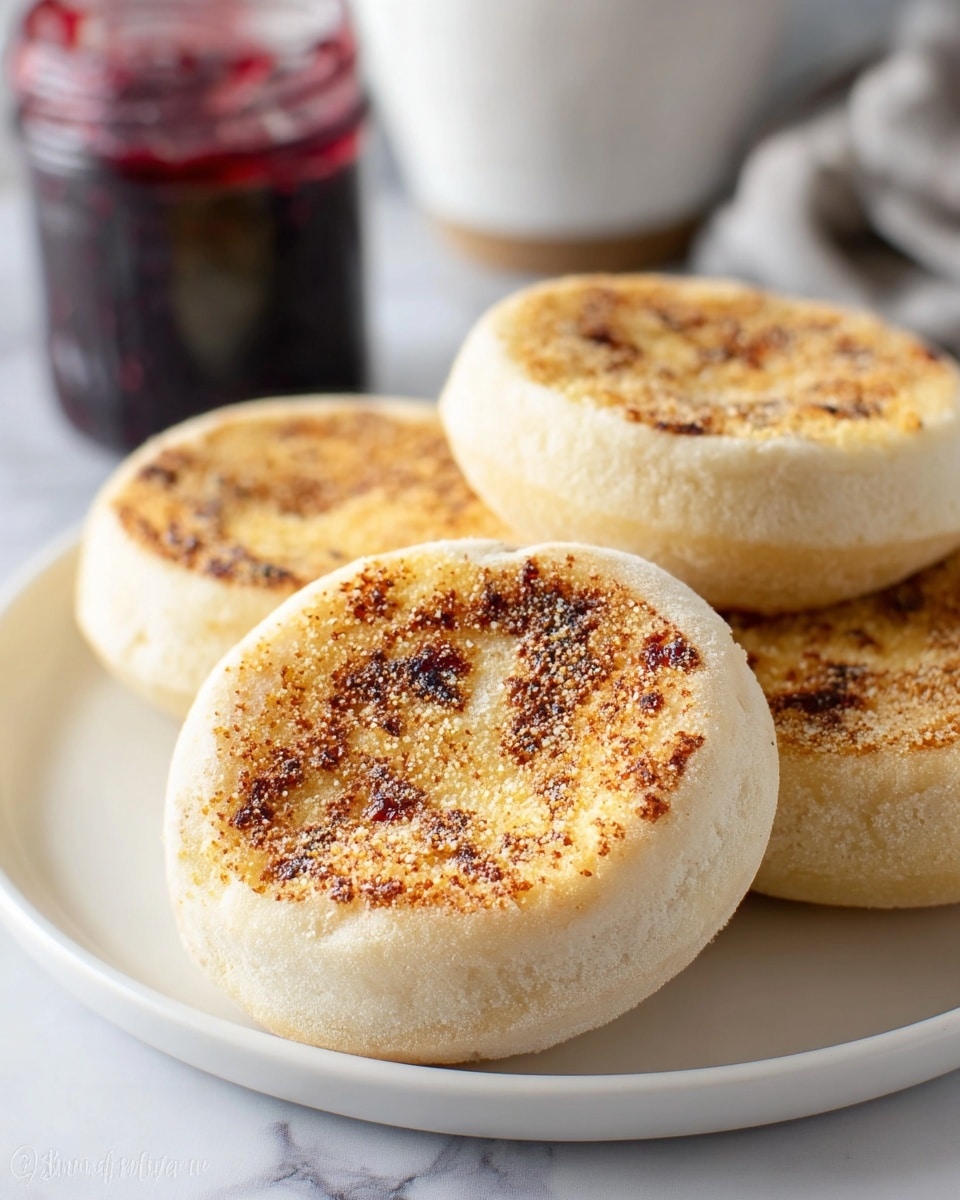 The image shows a close-up of four round English muffins on a white plate. Each muffin has a golden-brown top sprinkled with cornmeal, showing a lightly toasted texture with small crispy spots. The muffins have a pale, soft-looking bottom and sides, contrasted by the warm toasted top. In the background, there is a blurred jar with a dark berry jam, adding a hint of deep red color. The scene is set on a white marbled surface with soft, natural lighting. photo taken with an iphone --ar 4:5 --v 7