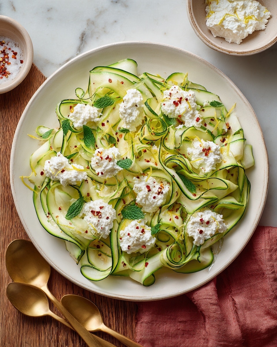 The image shows a white wavy-edged dish filled with thin, wide, green cucumber ribbons layered loosely and slightly curled. On top of the cucumber ribbons, there are three dollops of white creamy cheese sprinkled with small red chili flakes and lemon zest. Fresh green mint leaves are scattered across the dish, adding bright color. A vintage gold fork and spoon rest inside the dish on the right side, touching the cucumber and cheese. The dish is placed on a wooden surface with a soft pink cloth partially visible underneath. Photo taken with an iphone --ar 4:5 --v 7