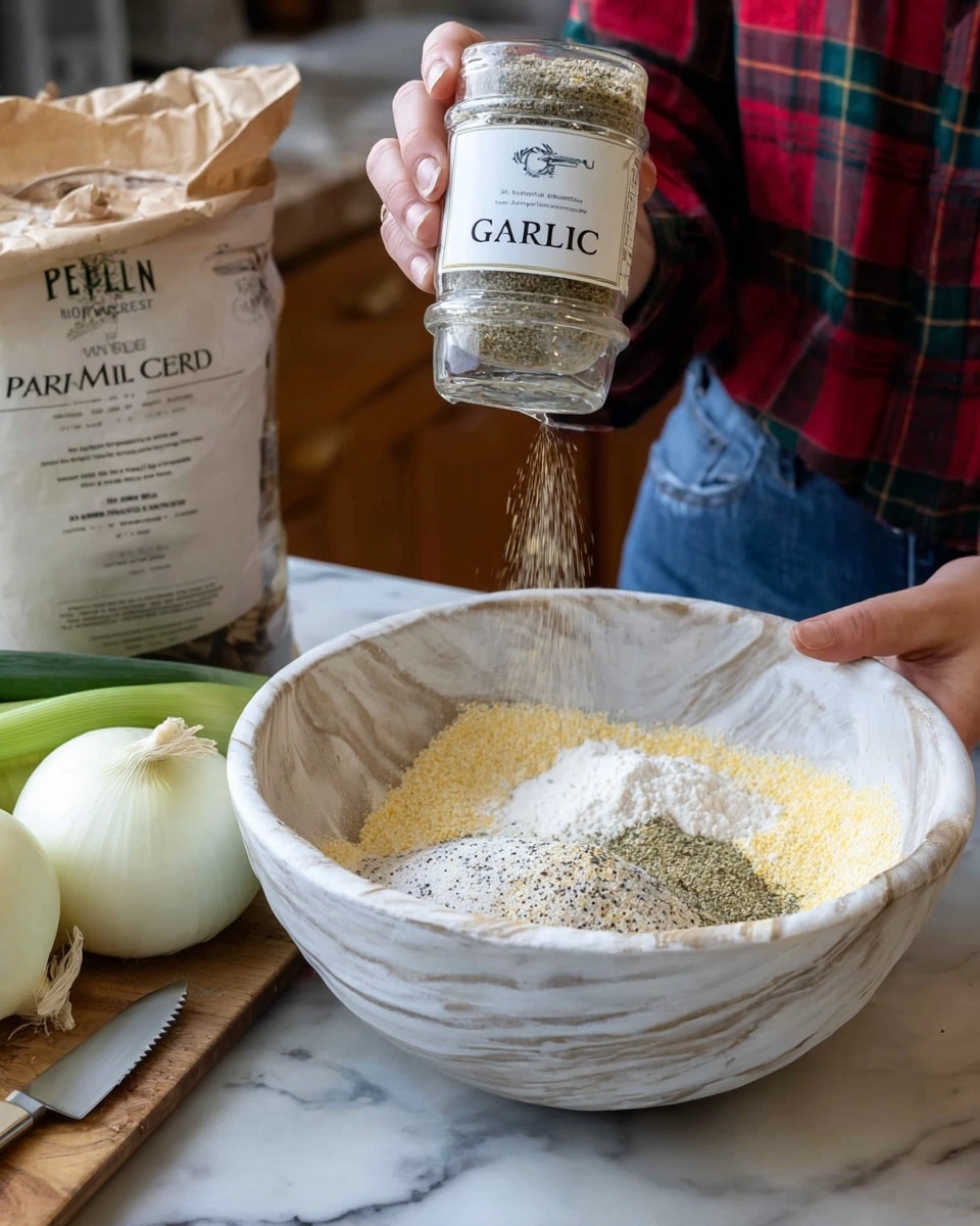 A white marbled bowl contains three layers of dry ingredients: a bottom layer of light yellow cornmeal mix, a middle layer of white flour, and a top layer with seasoning that includes black pepper and white powder. A woman's hand holds a clear spice jar labeled