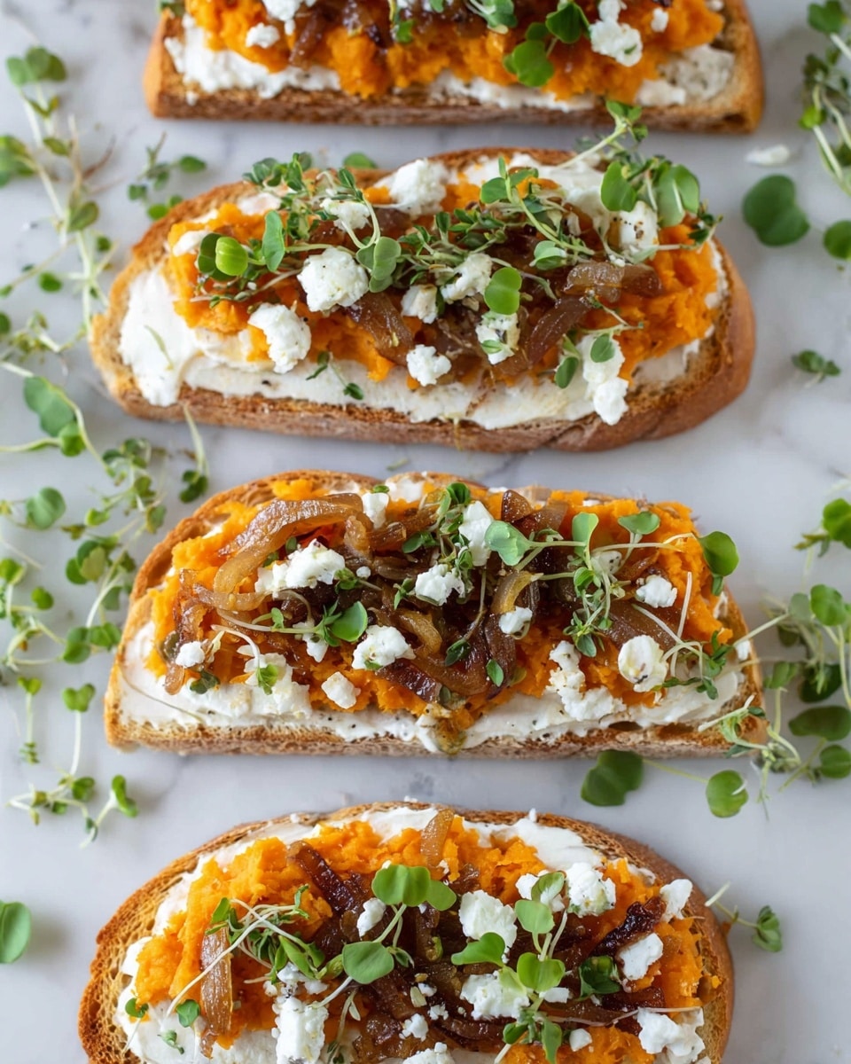 The image shows toasted slices of bread on a white marbled surface topped with three layers. The bottom layer is a creamy white cheese spread evenly across the bread. The middle layer is mashed orange sweet potato, thick and textured. On top are caramelized brown onions and small white cheese crumbles sprinkled over it. Bright green microgreens are scattered on top and around the bread, adding freshness and color contrast. The toast is cut into halves and quarters, arranged neatly in rows. Photo taken with an iphone --ar 4:5 --v 7