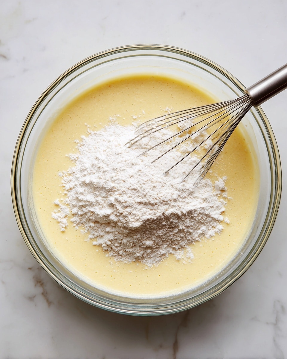 A clear glass bowl sits on a white marbled surface. Inside the bowl, there is a smooth, pale yellow batter filling most of the bowl. On top of the batter, there is a heap of white flour resting mostly in the center. A metal whisk with thin wires is partially dipped into the batter and flour, with its handle pointing to the right side of the image. The lighting highlights the soft texture of the batter and dryness of the flour. Photo taken with an iphone --ar 4:5 --v 7