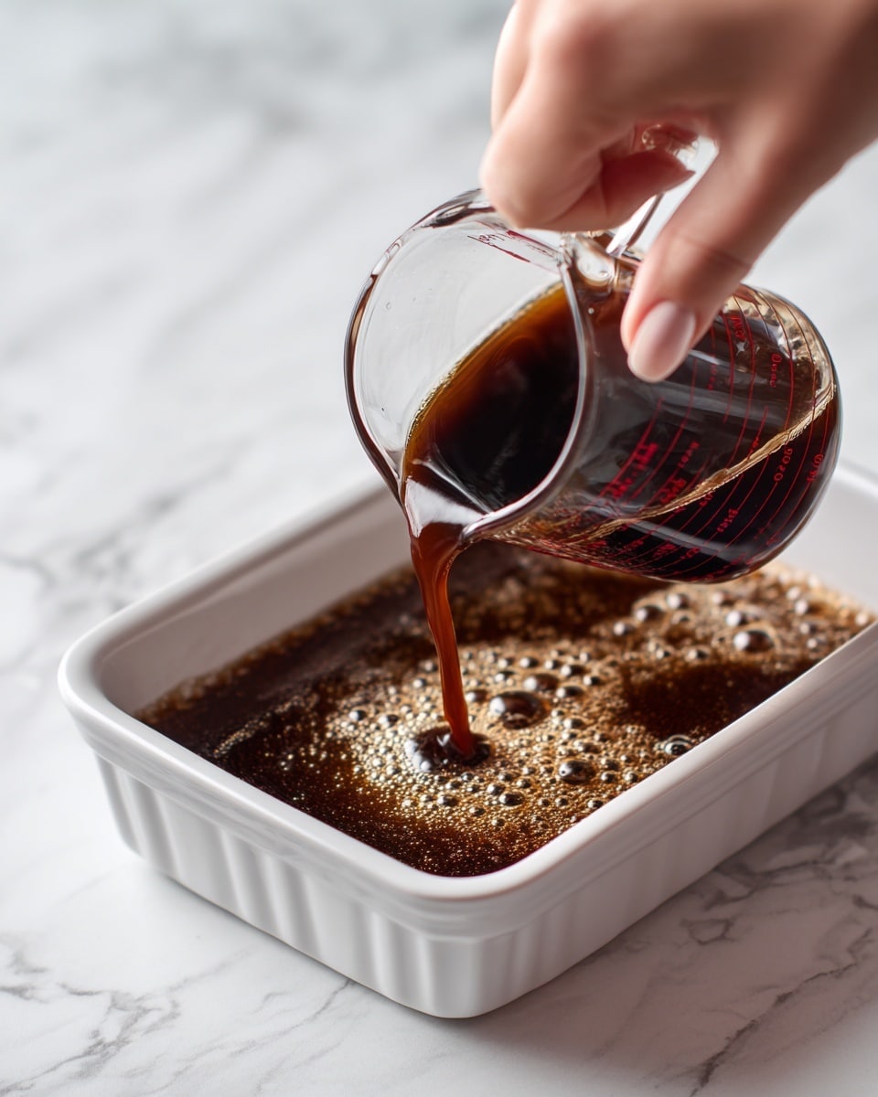 A clear glass measuring cup with red markings is held by a woman's hand, pouring a dark brown liquid into a white baking dish. The dish is filled almost to the top with the same dark brown liquid, which has a smooth and glossy surface with small bubbles around the edges. The background surface is white with a marbled texture. Text in pink cursive font is visible at the top of the image. Photo taken with an iphone --ar 4:5 --v 7