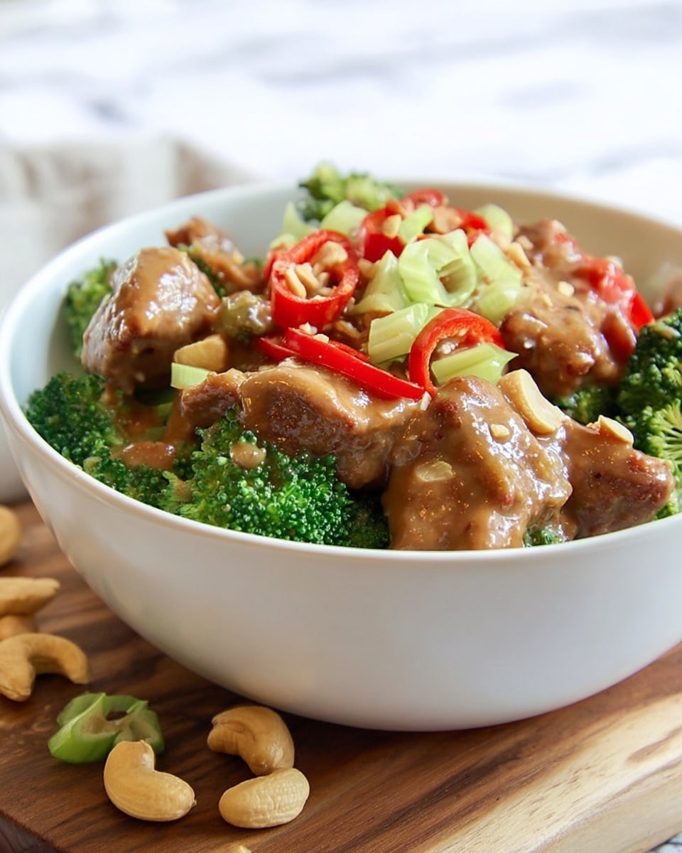 A white bowl with a base layer of bright green broccoli pieces, topped with chunks of brown meat covered in a smooth, light brown sauce. On top, there are red pepper slices, light green celery pieces, and whole light tan cashew nuts scattered over the dish. The bowl sits on a wooden surface with a few cashews and celery pieces beside it. The background is a soft white marbled texture. Photo taken with an iphone --ar 4:5 --v 7