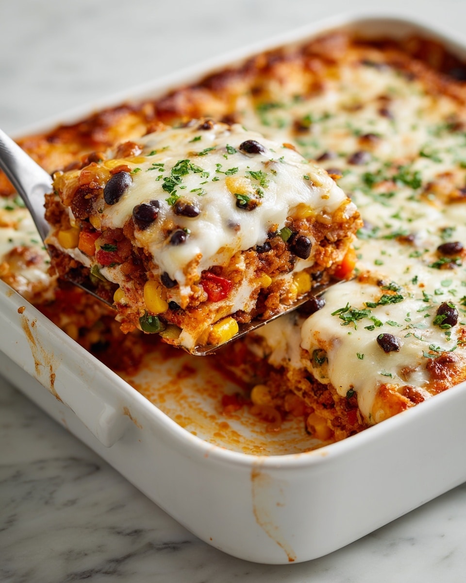 A white rectangular baking dish contains a layered casserole being lifted by a metal spatula. The casserole has at least three visible layers: the bottom layer is a chunky mix of light brown, slightly crispy pieces with bits of red and green vegetables, the middle layer has a softer orange tone with more mixed-in ingredients, and the top layer is melted white cheese covered with scattered black beans and small sprinkles of green herbs. The edges of the dish show some baked-on sauce residue. The surface underneath the dish is a white marbled texture. Photo taken with an iphone --ar 4:5 --v 7