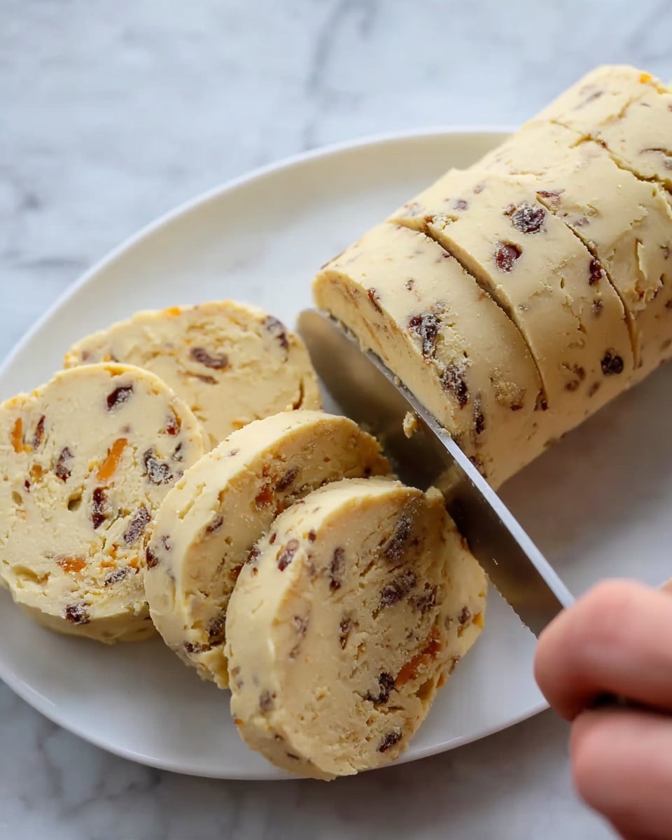 A close-up view shows a log-shaped dough with small orange and dark brown bits inside, being sliced into circular pieces on a white plate. The dough has a pale yellow color with a crumbly texture. Four slices are visible, each about the same thickness, and the edges are slightly cracked. A woman’s hand holds the dough steady as a knife cuts through the log. The background is a white marbled surface. photo taken with an iphone --ar 4:5 --v 7