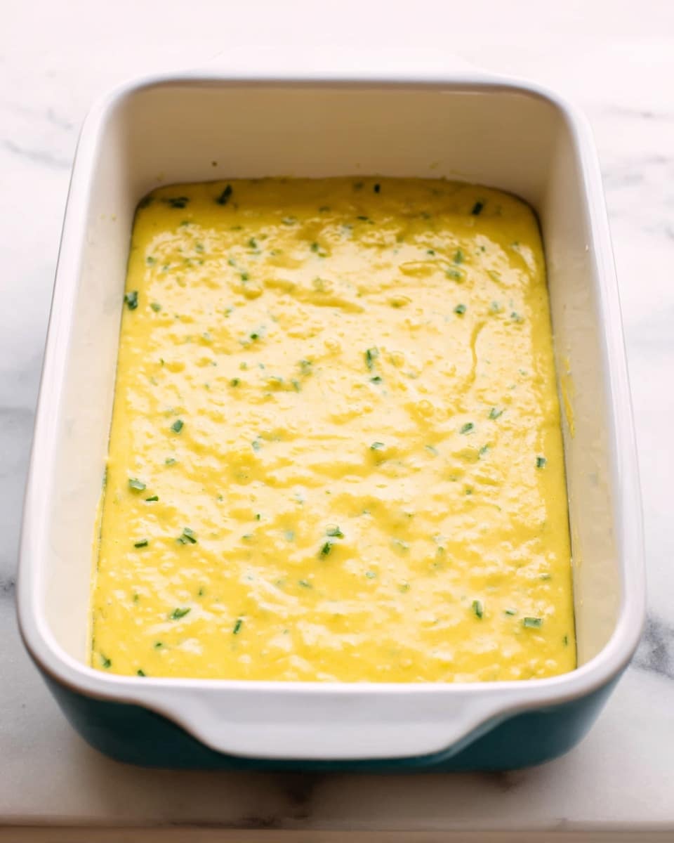 A rectangular white baking dish is filled with a yellow batter that has small green specks scattered throughout, giving it a slightly textured surface. The batter is evenly spread, filling the dish almost to the top edge. The dish sits on a white marbled surface that is visible beneath. The background is softly blurred, focusing attention on the dish. Photo taken with an iphone --ar 4:5 --v 7
