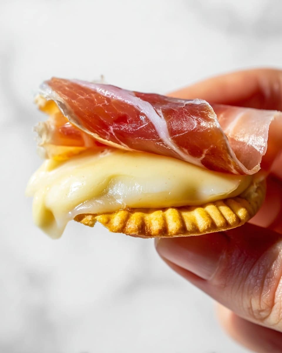 A close-up view of a small sandwich held by a woman's hand, featuring two round light golden crackers as the top and bottom layers. Between the crackers is a layer of thin, browned grilled chicken, followed by thin slices of green pickles on top and a single folded piece of reddish-brown crispy bacon underneath. The background is blurred with dark and white tones, with a white marbled texture surface visible. photo taken with an iphone --ar 4:5 --v 7