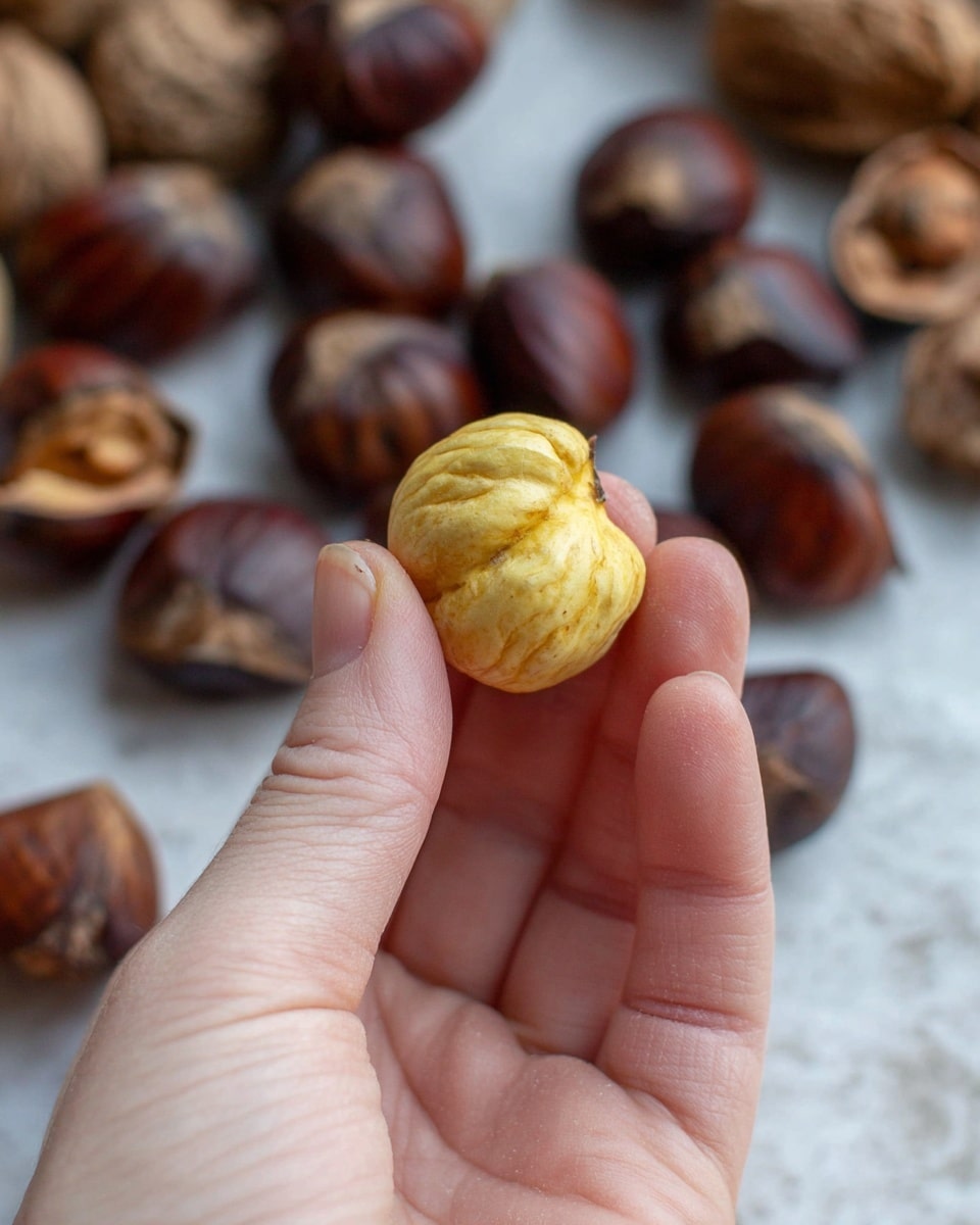A close-up photo shows a woman's hand holding a peeled chestnut with a light yellow, wrinkled surface. In the background, there are many chestnuts with dark brown shells that are smooth and shiny, scattered on a white marbled textured surface alone with chestnut shell pieces that are rough and brown. The focus is mainly on the chestnut in the woman's hand, with a soft blur on the other chestnuts and shell pieces photo taken with an iphone --ar 4:5 --v 7