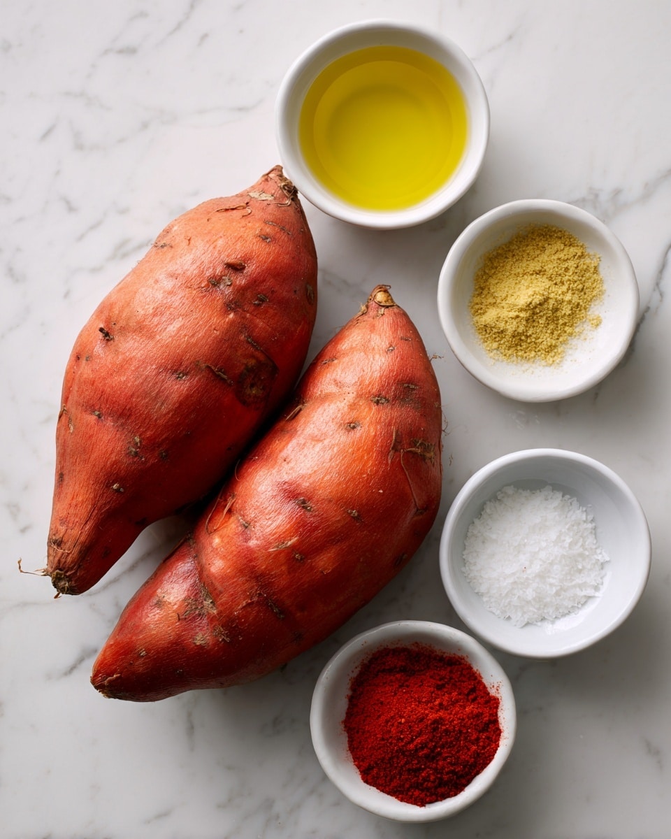 Two whole raw sweet potatoes with red-orange skin are placed side by side on a white marbled surface. To the right of the sweet potatoes, there are four small white bowls arranged in a rough square: the top left bowl contains golden olive oil, the top right bowl has a light yellow garlic powder, the bottom left bowl holds white salt, and the bottom right bowl is filled with bright red smoked paprika. Labels with black text on white backgrounds are positioned over or near each ingredient. Photo taken with an iphone --ar 4:5 --v 7
