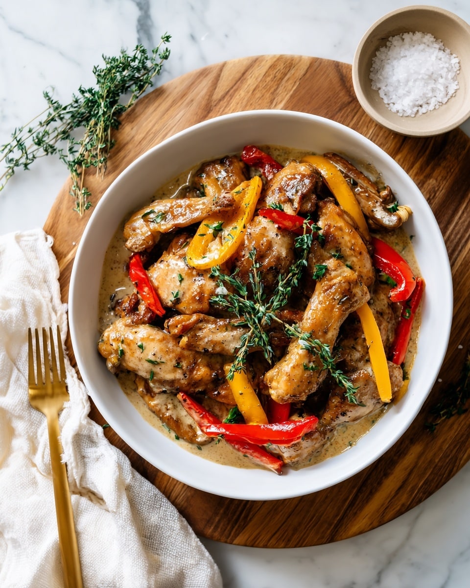 The dish shows a white bowl filled with several pieces of golden-brown cooked chicken, each piece covered in a creamy light brown sauce. Among the chicken pieces, there are strips of cooked red and yellow bell peppers adding bright red and yellow colors. Sprigs of fresh green thyme are placed on top of the chicken and scattered around, adding a fresh touch. The bowl sits on a wooden board, which is on a white marbled surface. Near the bowl, there is a gold fork with a white cloth underneath and part of a small beige bowl with coarse salt visible. photo taken with an iphone --ar 4:5 --v 7