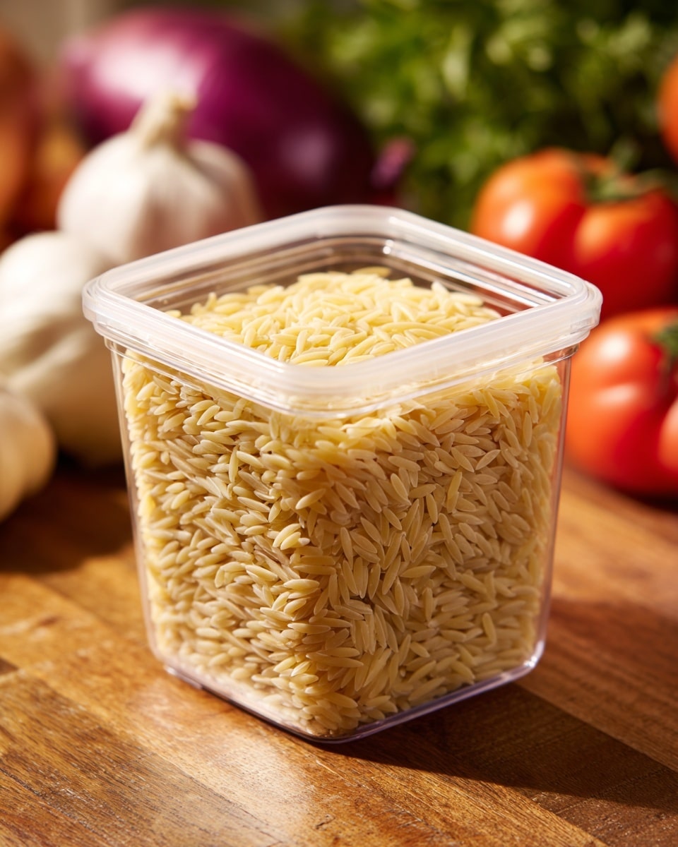 A clear square plastic container with a white lid is filled almost to the top with small, pale yellow orzo pasta. The container has a black label with the word