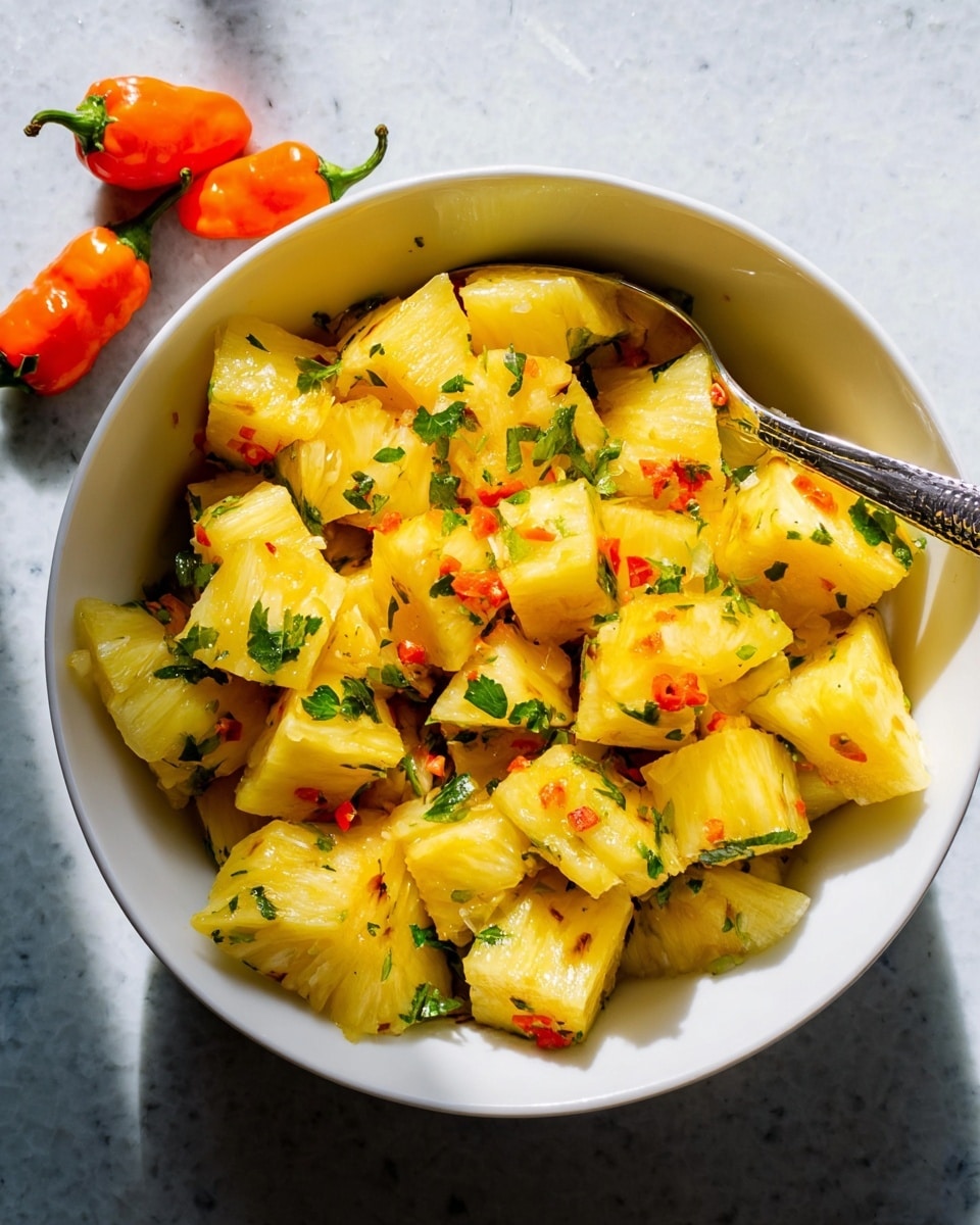 A white bowl filled with bright yellow pineapple pieces cut into small chunks, mixed with green herb bits and tiny orange pieces, creating a fresh and colorful look. A silver spoon rests inside the bowl, and a single orange pepper is placed near the bowl on a green tiled surface. The overall image is sharp with a focus on the juicy texture and vibrant colors of the fruit and herbs. Photo taken with an iphone --ar 4:5 --v 7