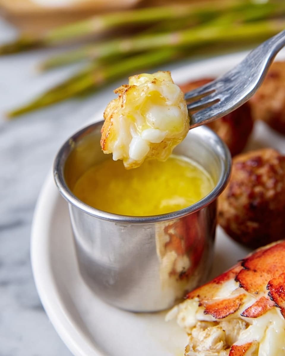 A shiny silver dipping cup filled with golden melted butter sits centered on a white marbled surface, surrounded by round cooked sausage balls that are reddish-brown and grayish-brown with a smooth texture. A fork holds a bite of a white and slightly golden seafood piece coated in melted yellow butter, just above the cup. To the right side, a white plate holds a roasted piece of seafood with a browned and crispy surface showing soft, flaky white layers underneath. In the background, slightly blurred, are green skewers resting on the white marbled surface. photo taken with an iphone --ar 4:5 --v 7