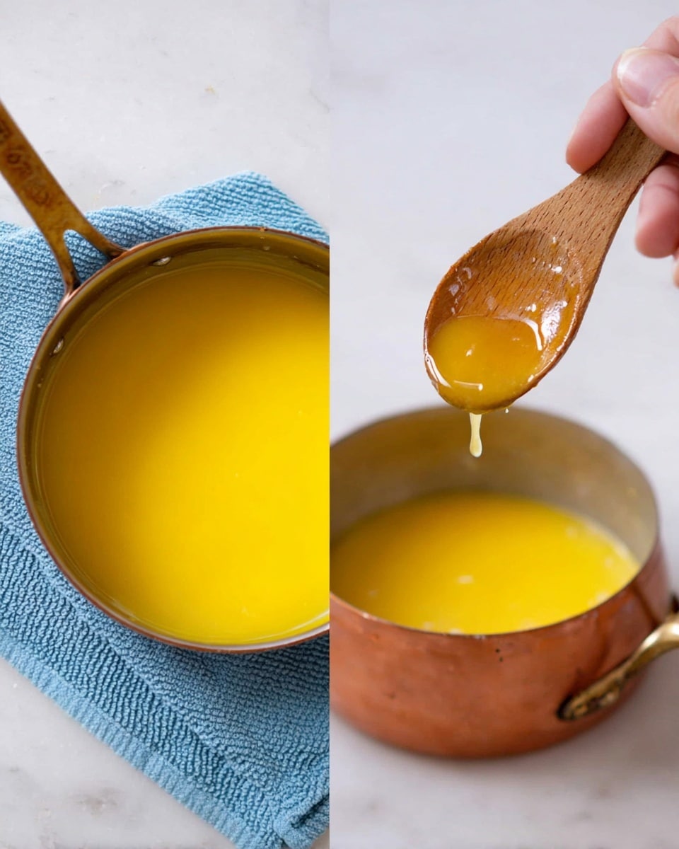 The image shows a close-up of a small copper pot filled with bright yellow melted butter, creating a smooth shiny surface inside the pot. On the left side, the pot rests on a folded blue towel on a white marbled texture. On the right side, a wooden spoon is held above the pot by a woman's hand, with some of the melted butter dripping off the spoon’s edge, showing its liquid texture. The pot’s shiny metal handle and the copper color add warmth to the picture. photo taken with an iphone --ar 4:5 --v 7